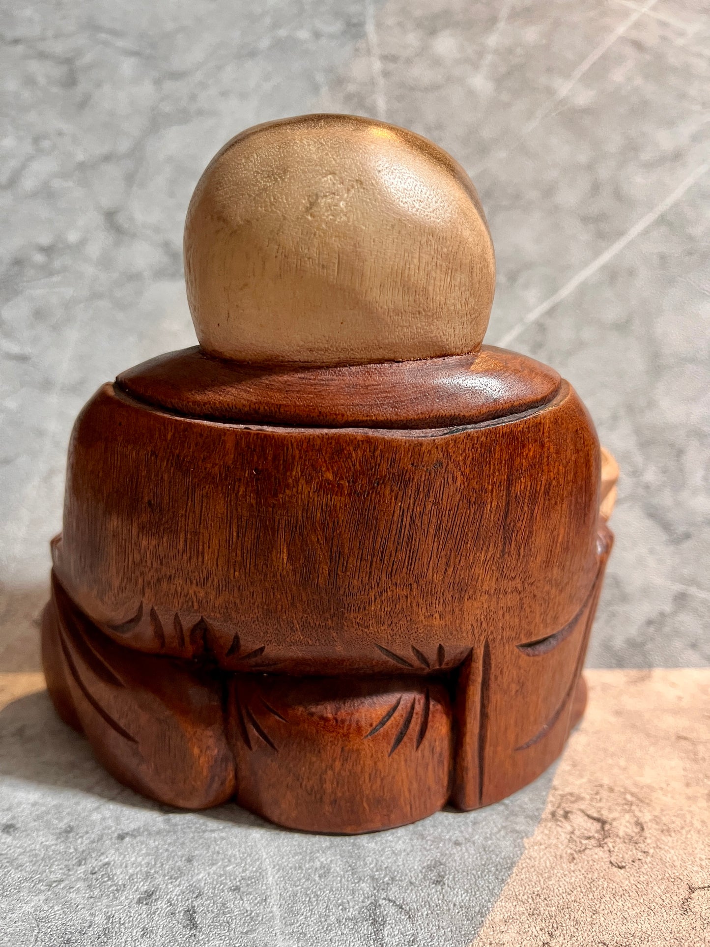 Wooden Happy Buddha Monk Sculpture – Hand-Carved Statue, handmade, gift, housewarming, home decor.