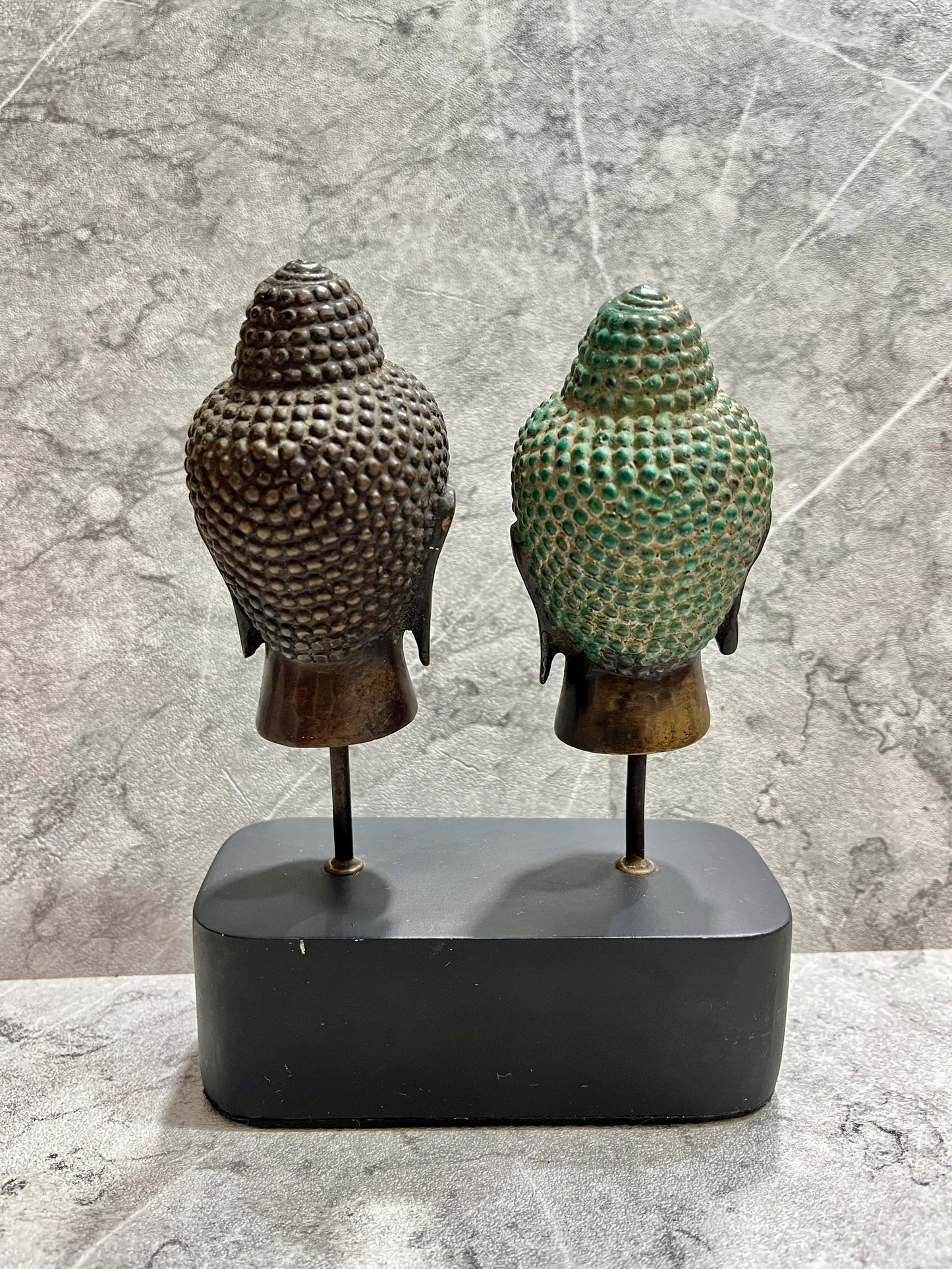 Bronze Two-Head Buddha Sculpture on Iron Stand: Dual Wisdom Decor