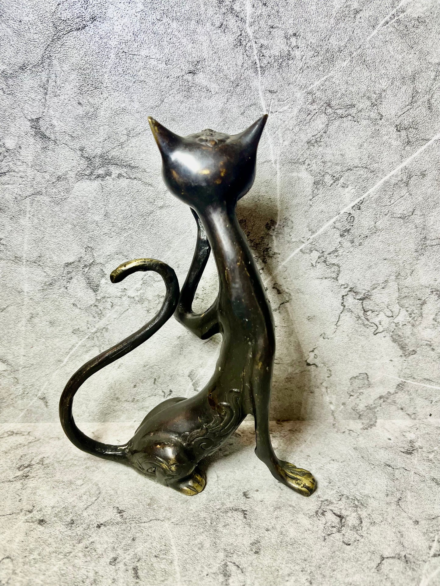 Bronze Cat Sculpture: Abstract Vintage Feline Art, Balinese Handmade
