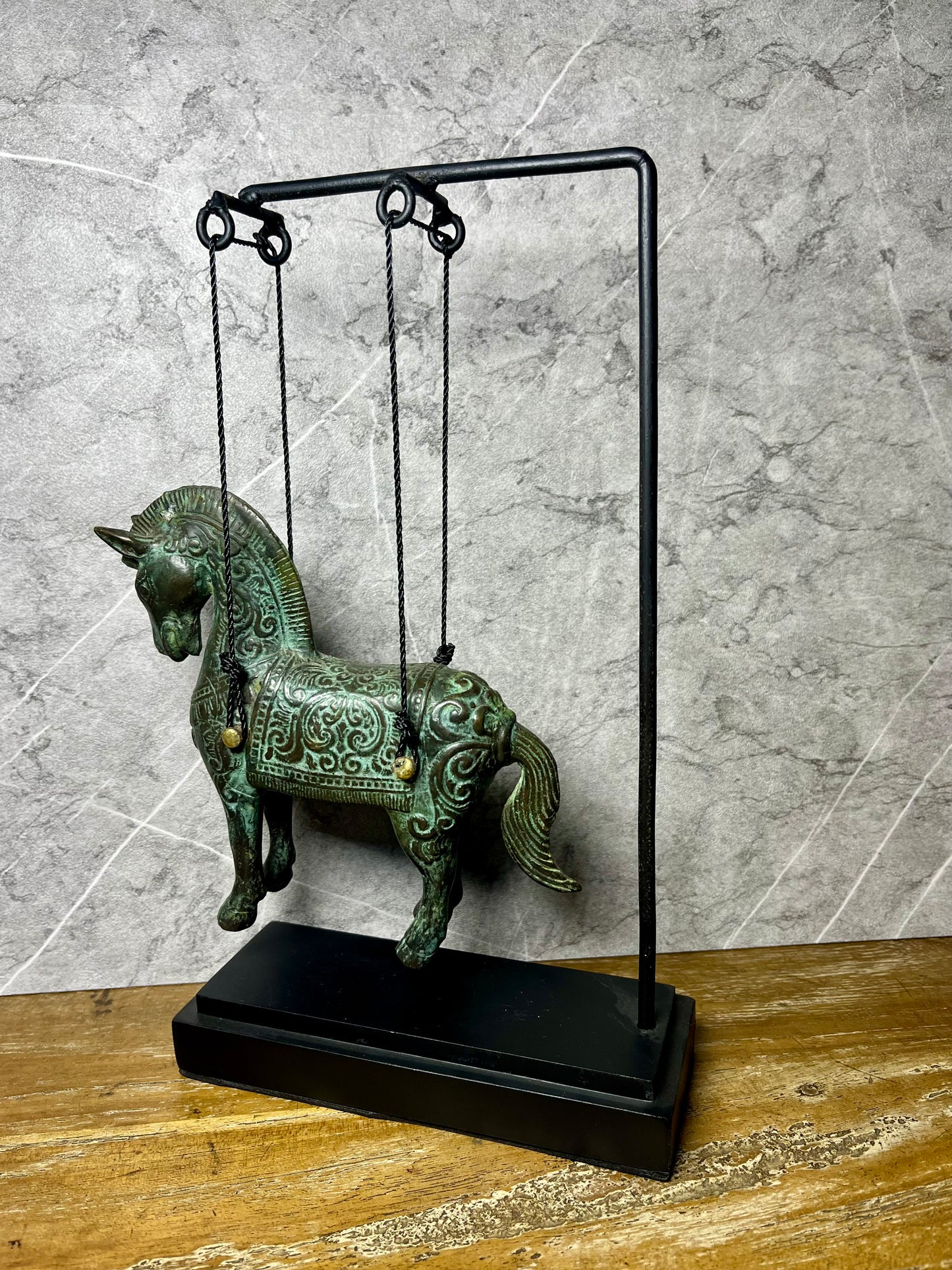 Grace in Motion – Bronze Hanging Horse Figure | Patina Art with Iron Hook