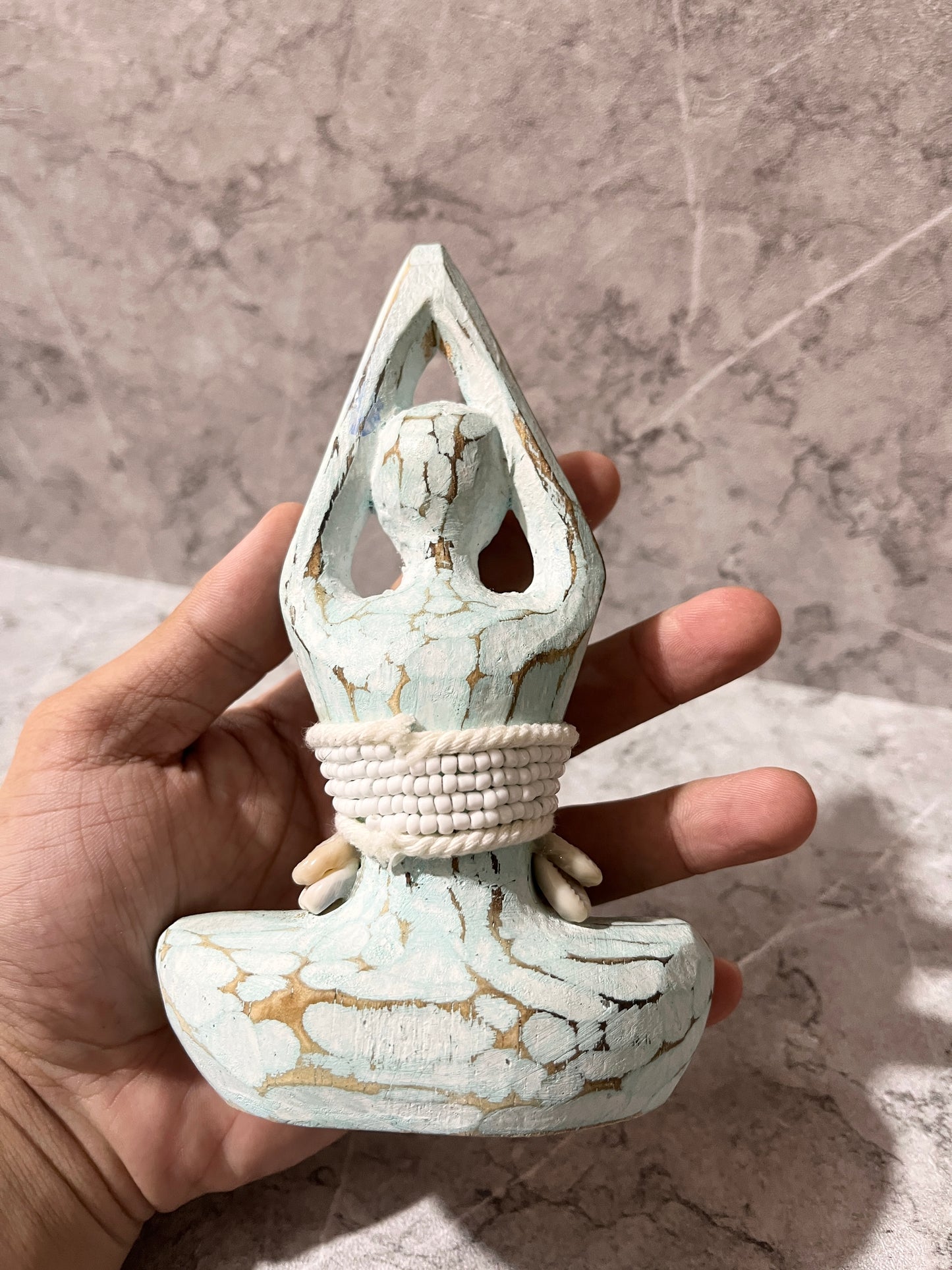 Abstract Wooden Yoga Woman Sculpture – Hand-Carved Figure with Beaded Seashells | Balinese Mindfulness Décor