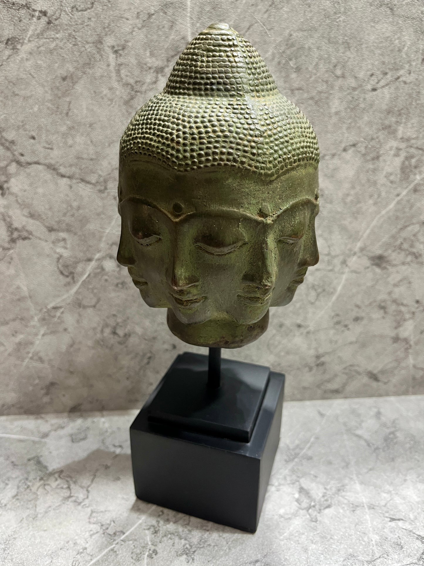 Handcrafted Bronze Buddha Head Sculpture: Balinese Patina Home Decor