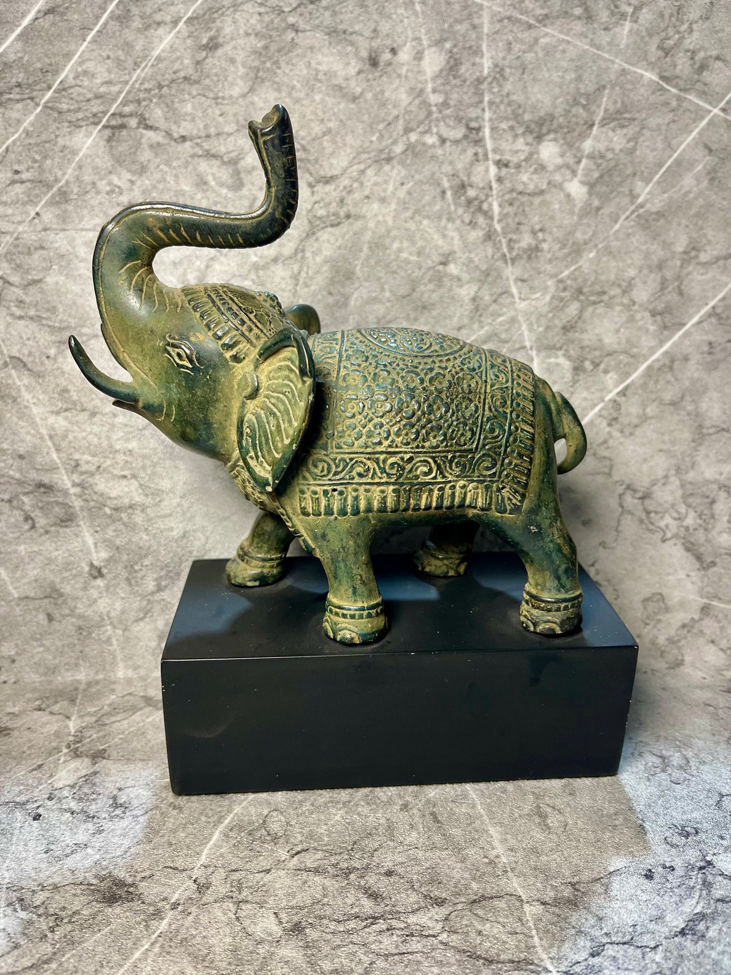Bronze Vintage Elephant Figure – Regal Safari Charm on Wooden Stand