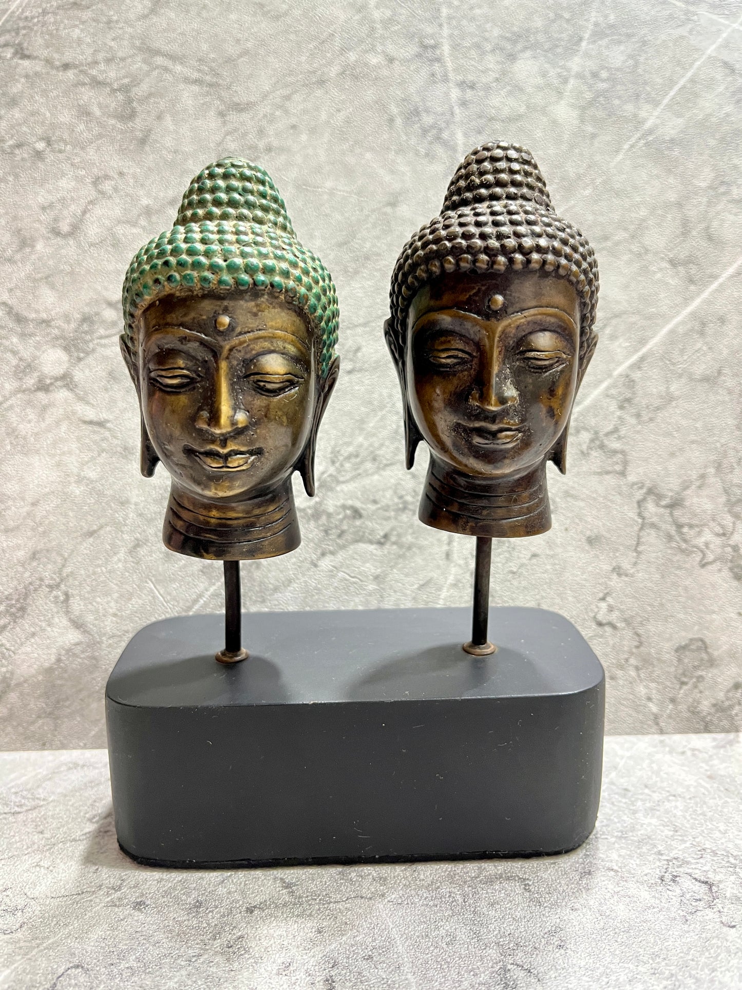 Bronze Two-Head Buddha Sculpture on Iron Stand: Dual Wisdom Decor