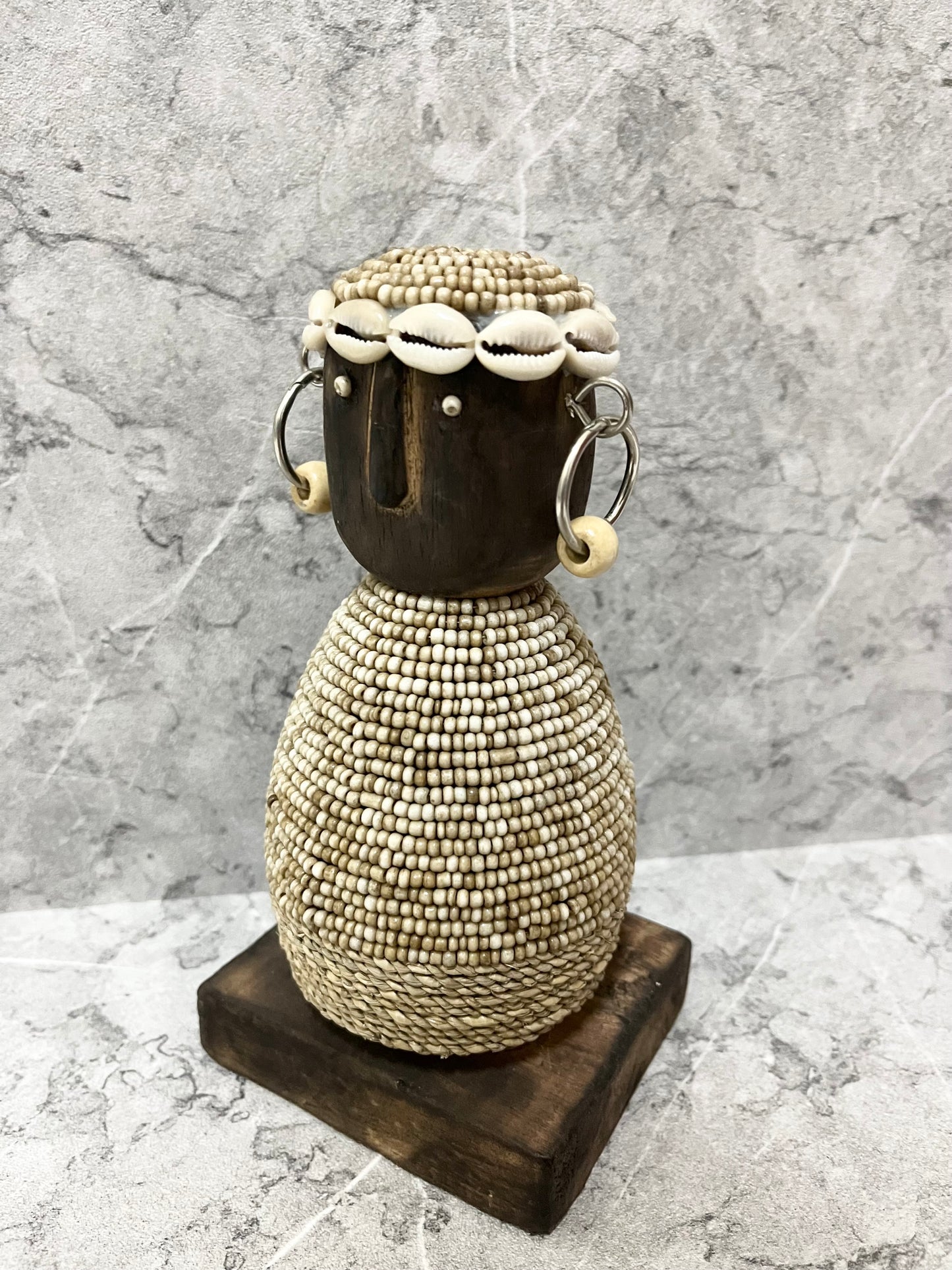 Wooden Timor Tribal Wood Figure with Sea Shell Beads