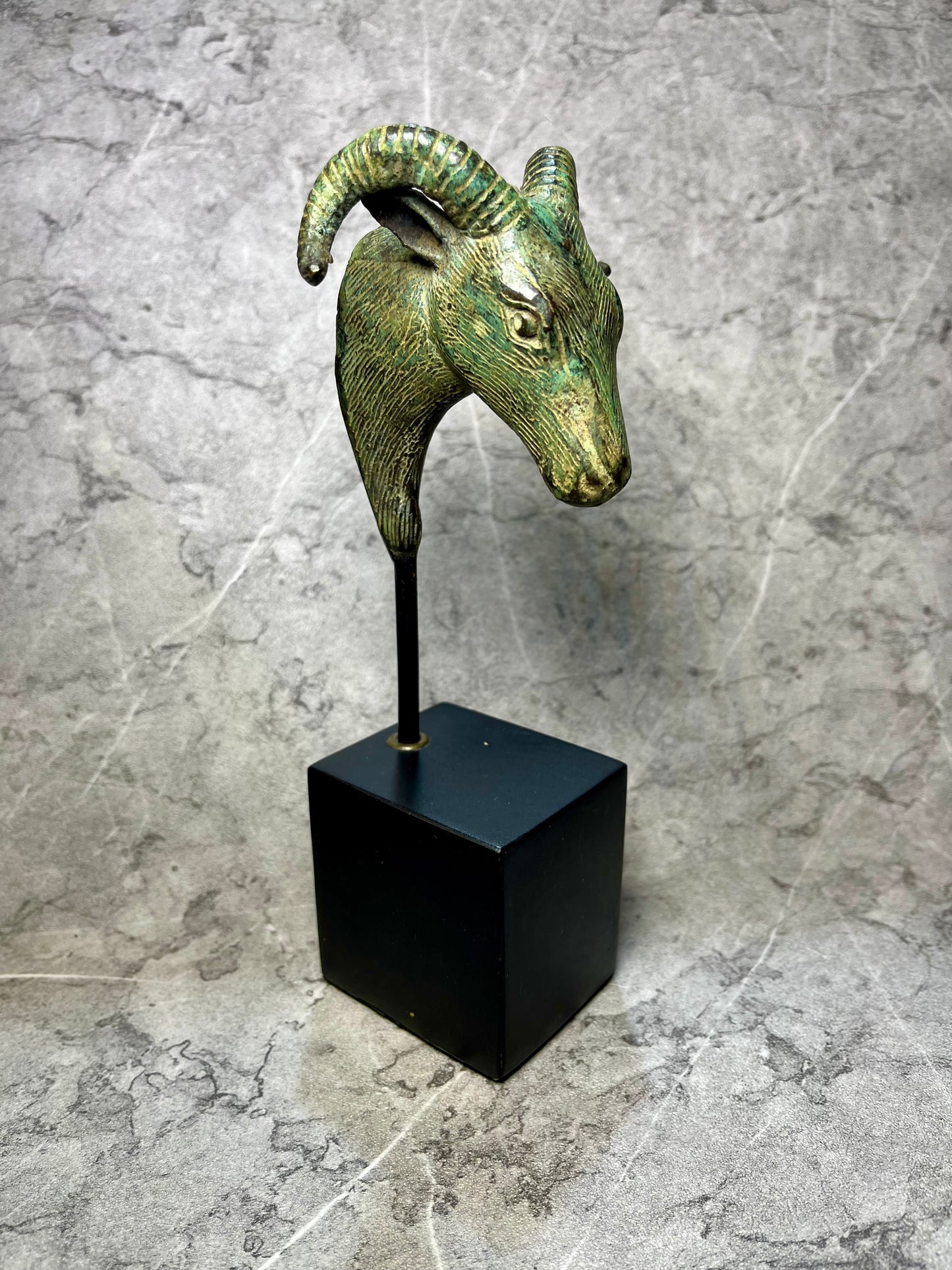 Bronze Goat Head Sculpture on Iron Stand - Balinese Artisan Decor