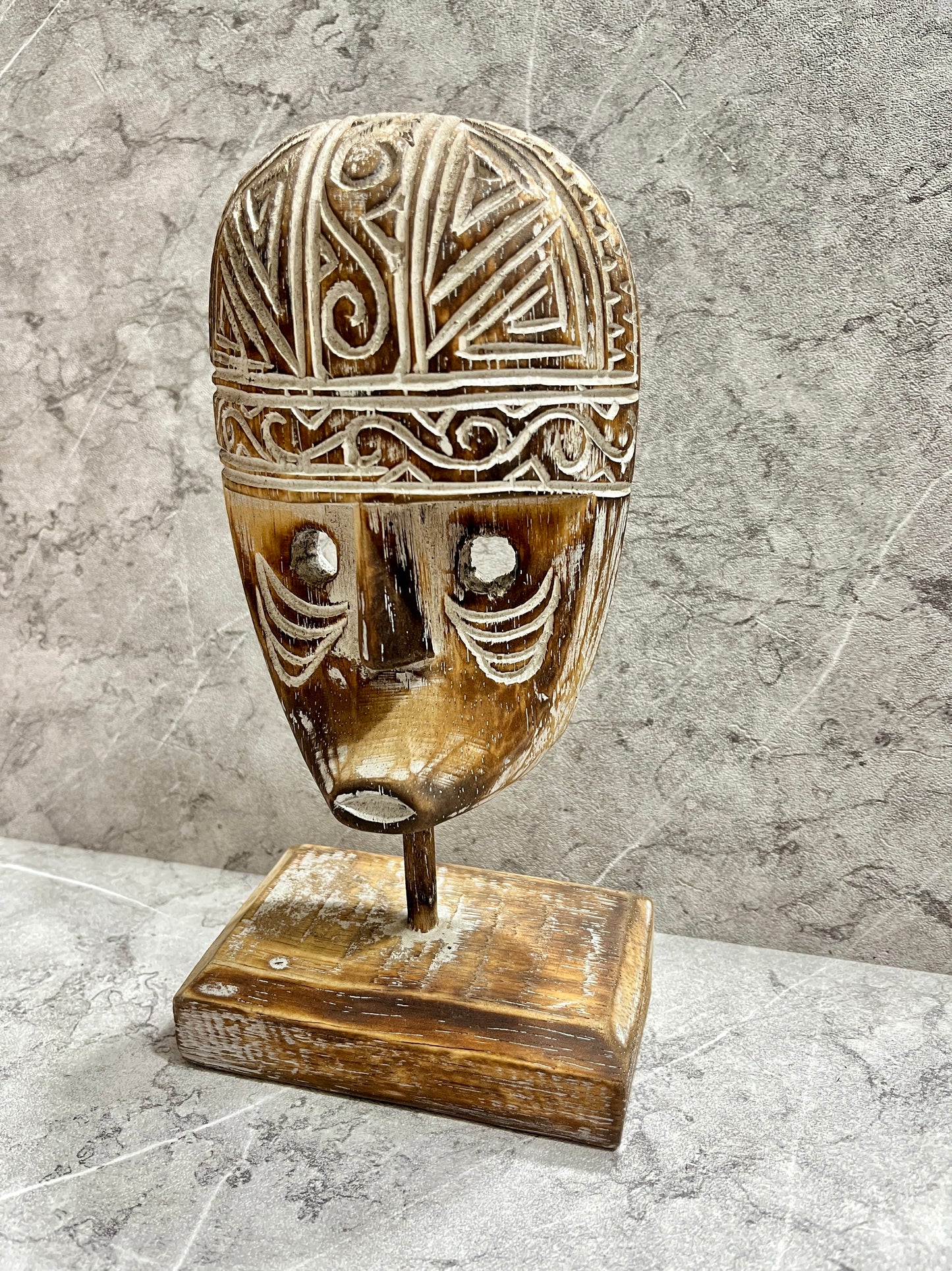 Hand-Carved Timor Mask Sculpture with Stand: Tribal Art Décor
