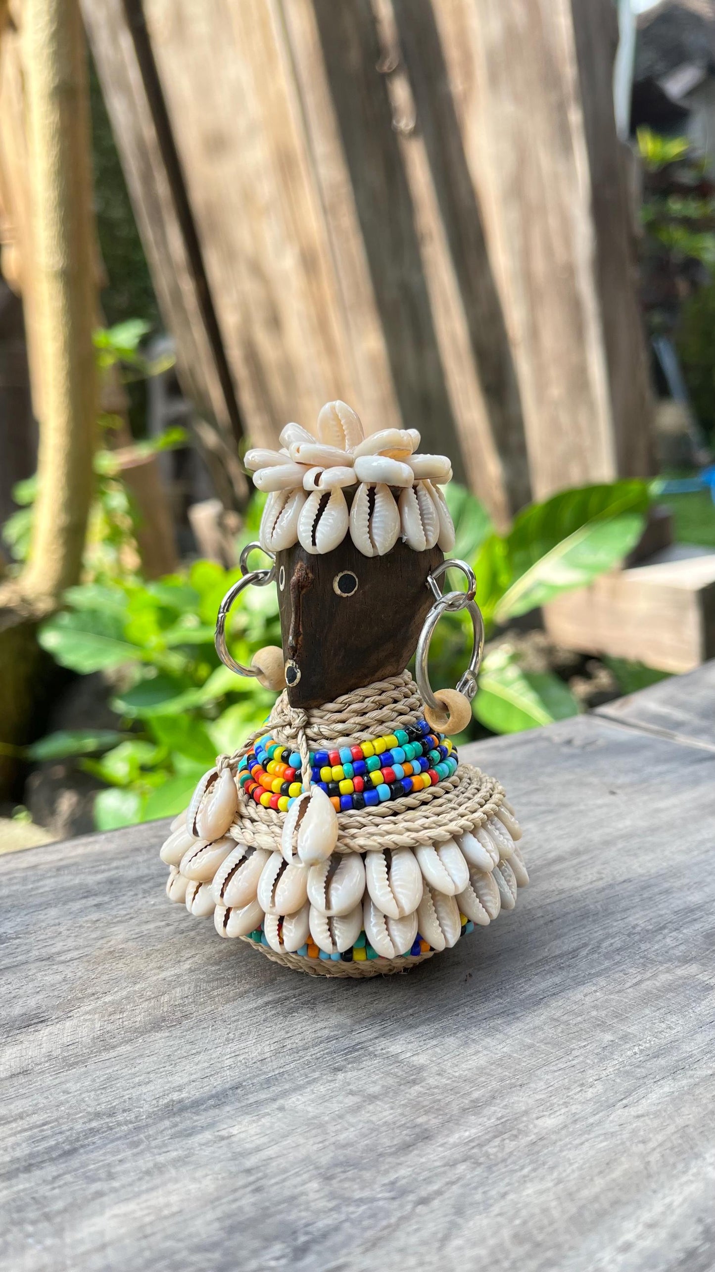 Handmade Shell & Bead Tribal Figurine: Cultural Decor
