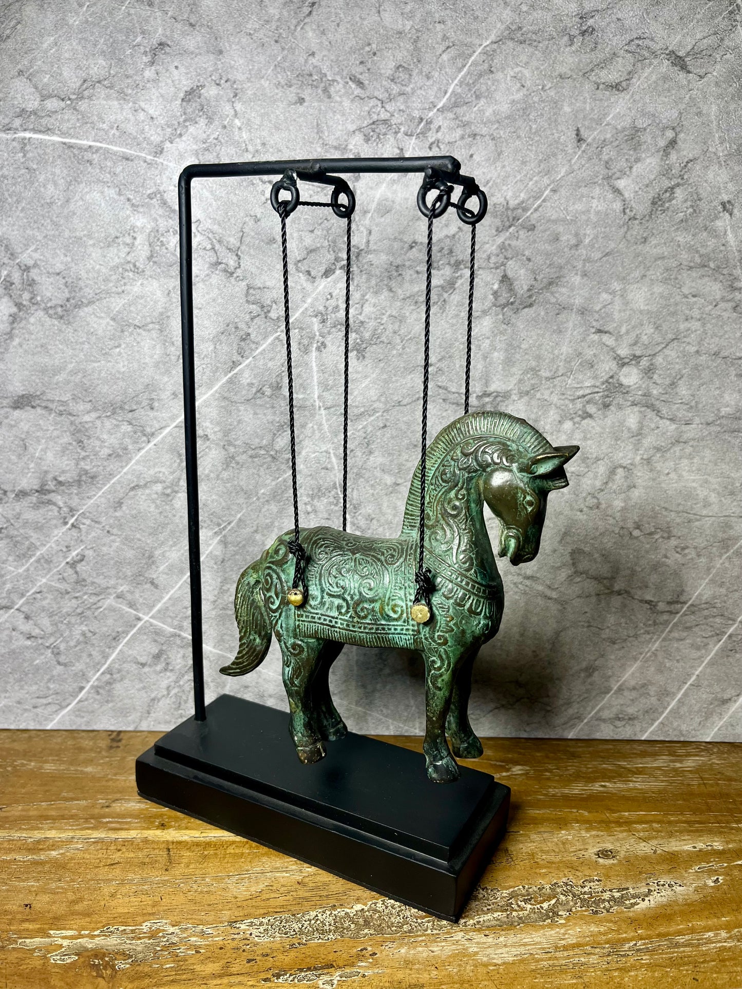 Grace in Motion – Bronze Hanging Horse Figure | Patina Art with Iron Hook