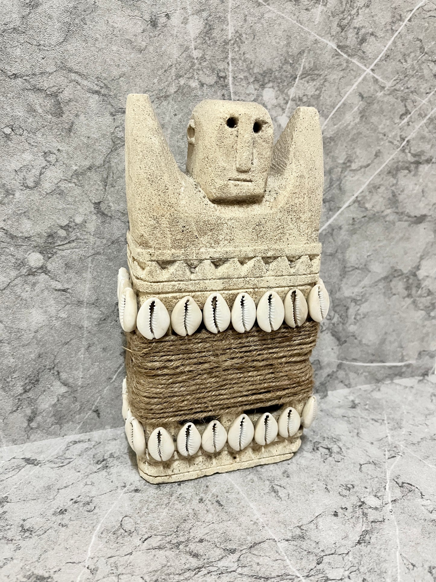 Handcarved Limestone Timor Tribal Statue: Seashell Island Decor