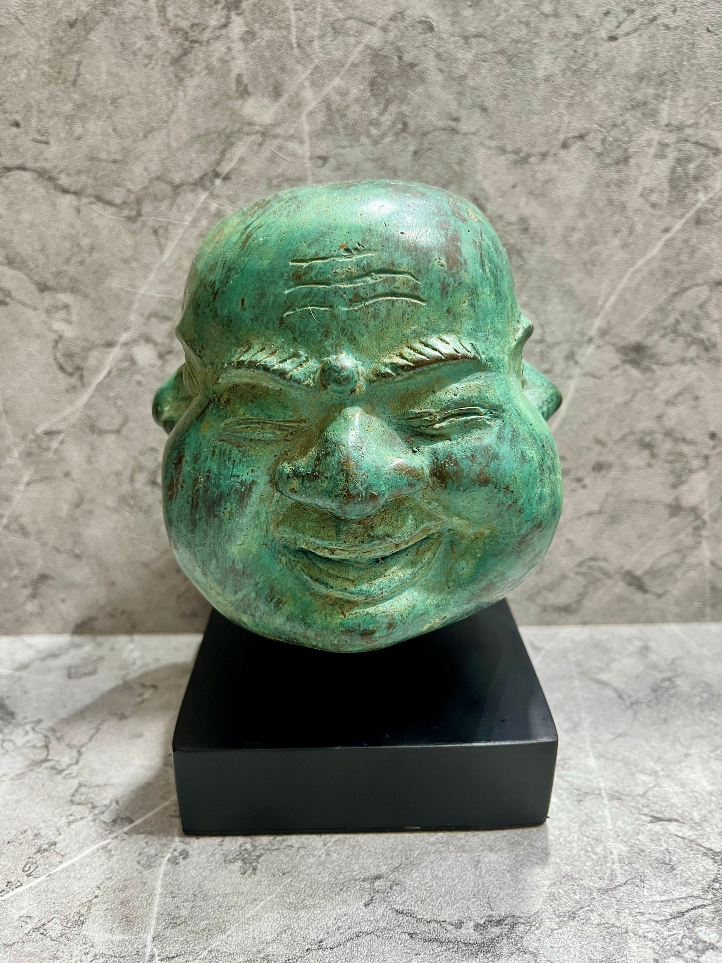 Handcrafted Bronze Monk Heads Sculpture: Balinese Spiritual Decor on Iron Stand