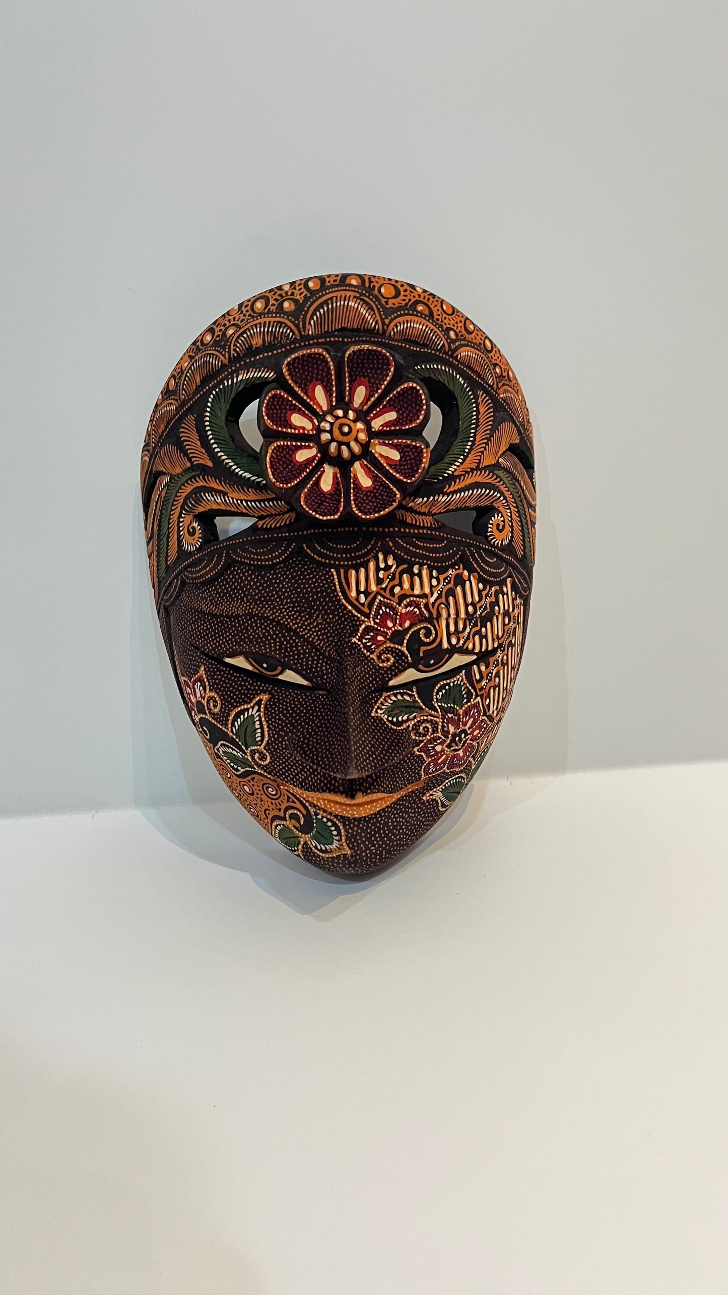 balinese carved batik flower mask handmade, gift, housewarming, wall decoration, home decor, villa decor.