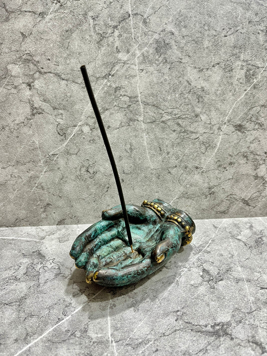 Bronze Hand Incense Holder: Balinese Artisan Home Decor