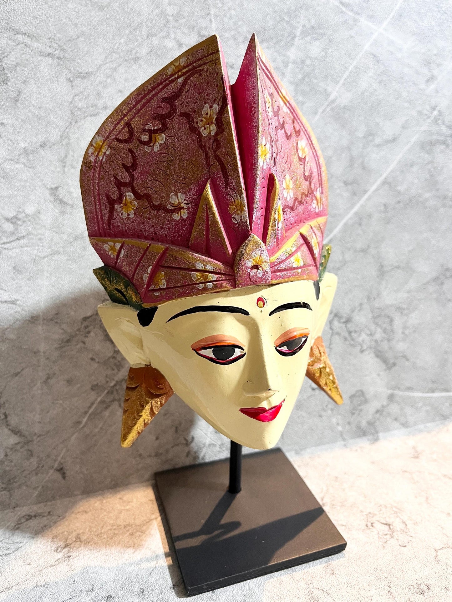Wooden Balinese Man Mask Sculpture on Iron Stand – Handcrafted Cultural Decoration, housewarming, home decor, gift, handmade.