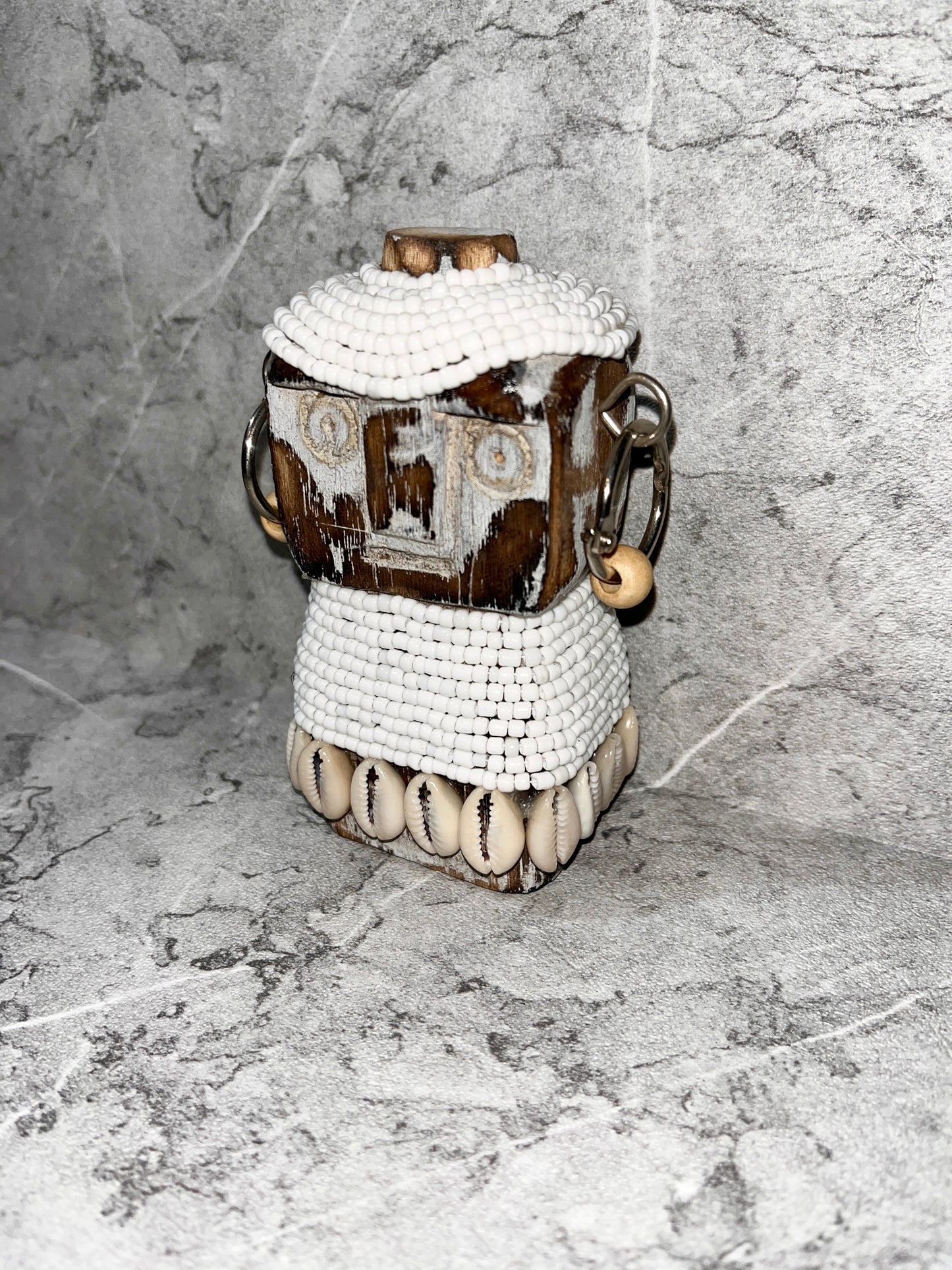 Wooden Timor Statue – Beaded Tribal Figure with Seashells | Handcrafted Ethnic Island Art Decoration