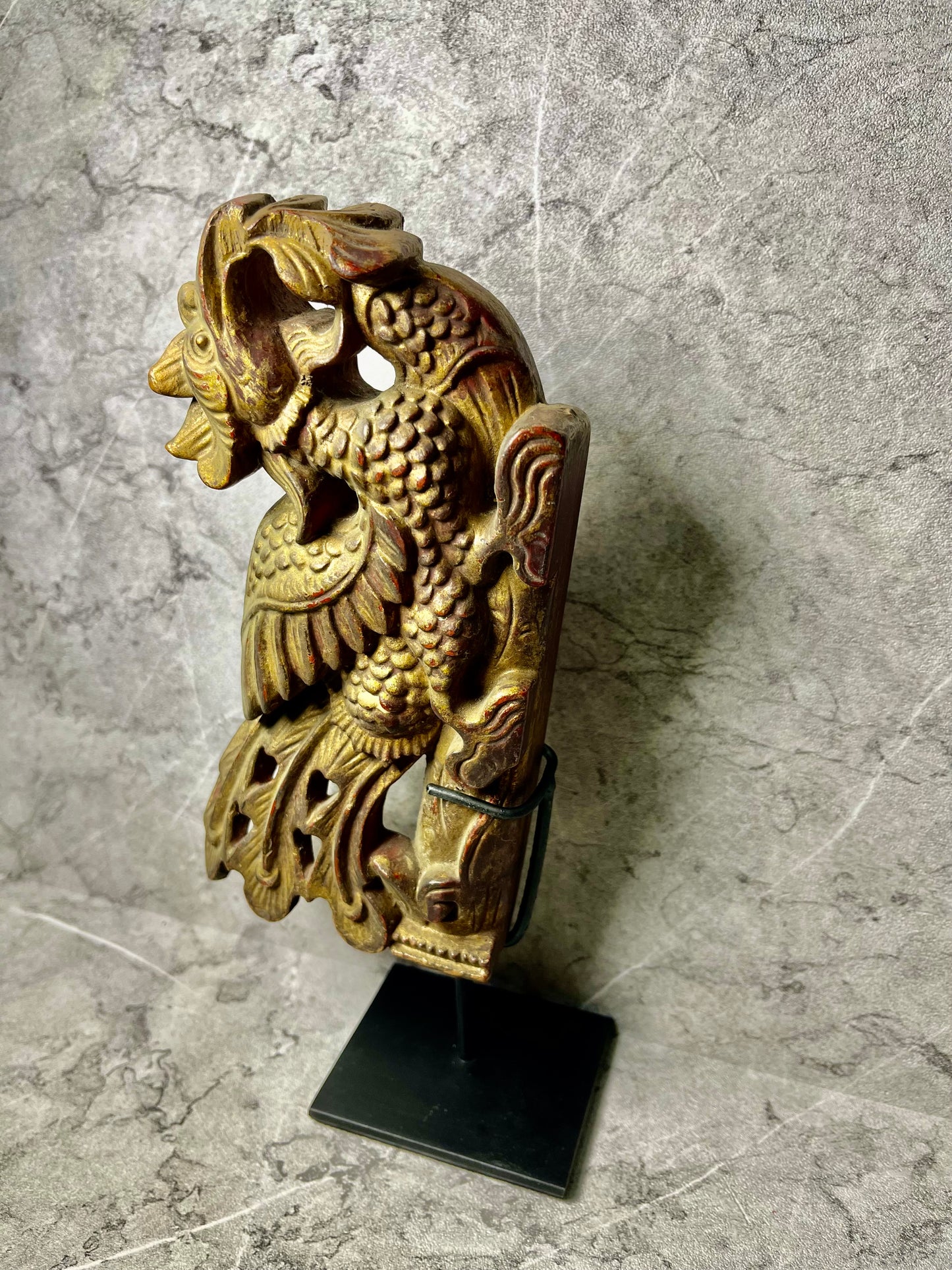 Wooden Bird Carving on Iron Stand – Balinese Handcrafted Decor