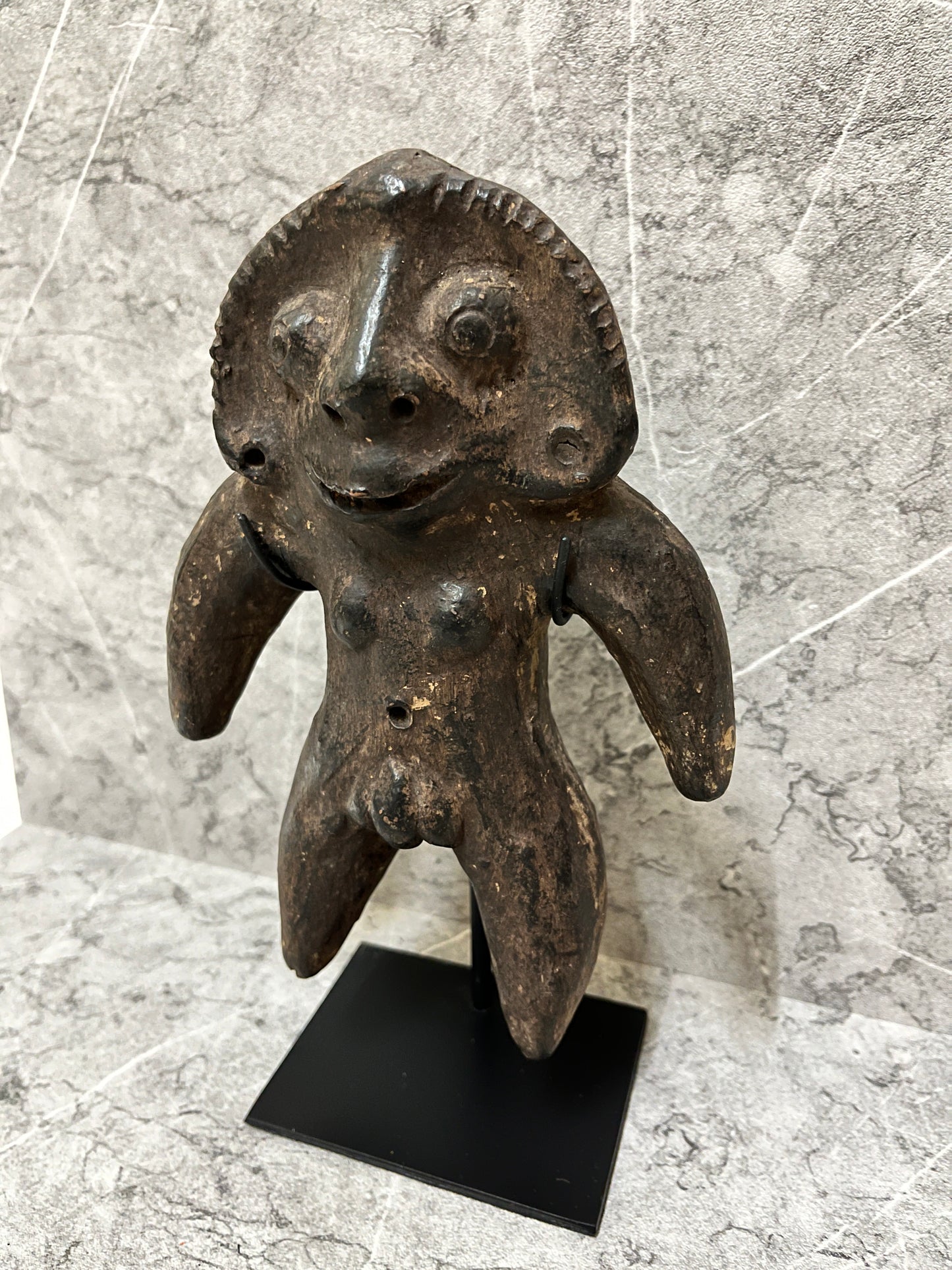Timor Clay Man Sculpture on Iron Stand: Ethnic Tribal Art