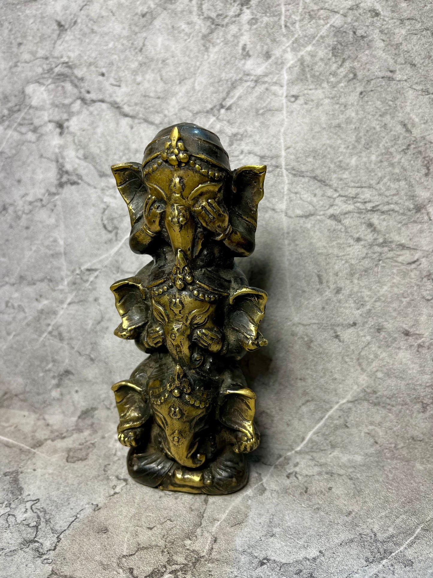 Balinese Bronze Three Ganesha Miniature: Hindu Art Decor
