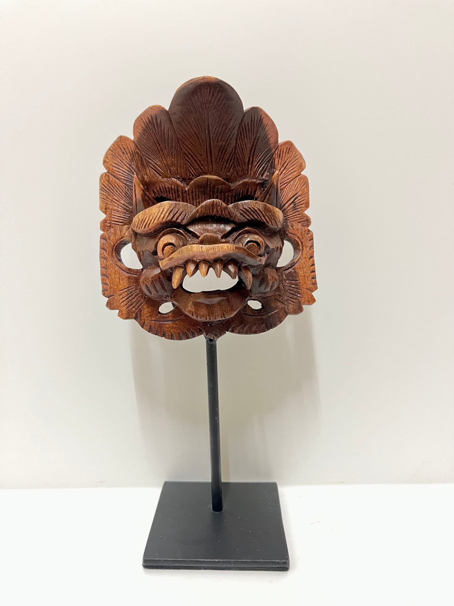 Wooden Barong Mask with Iron Stand – Handcrafted Balinese Guardian Decor (8.7 inches)