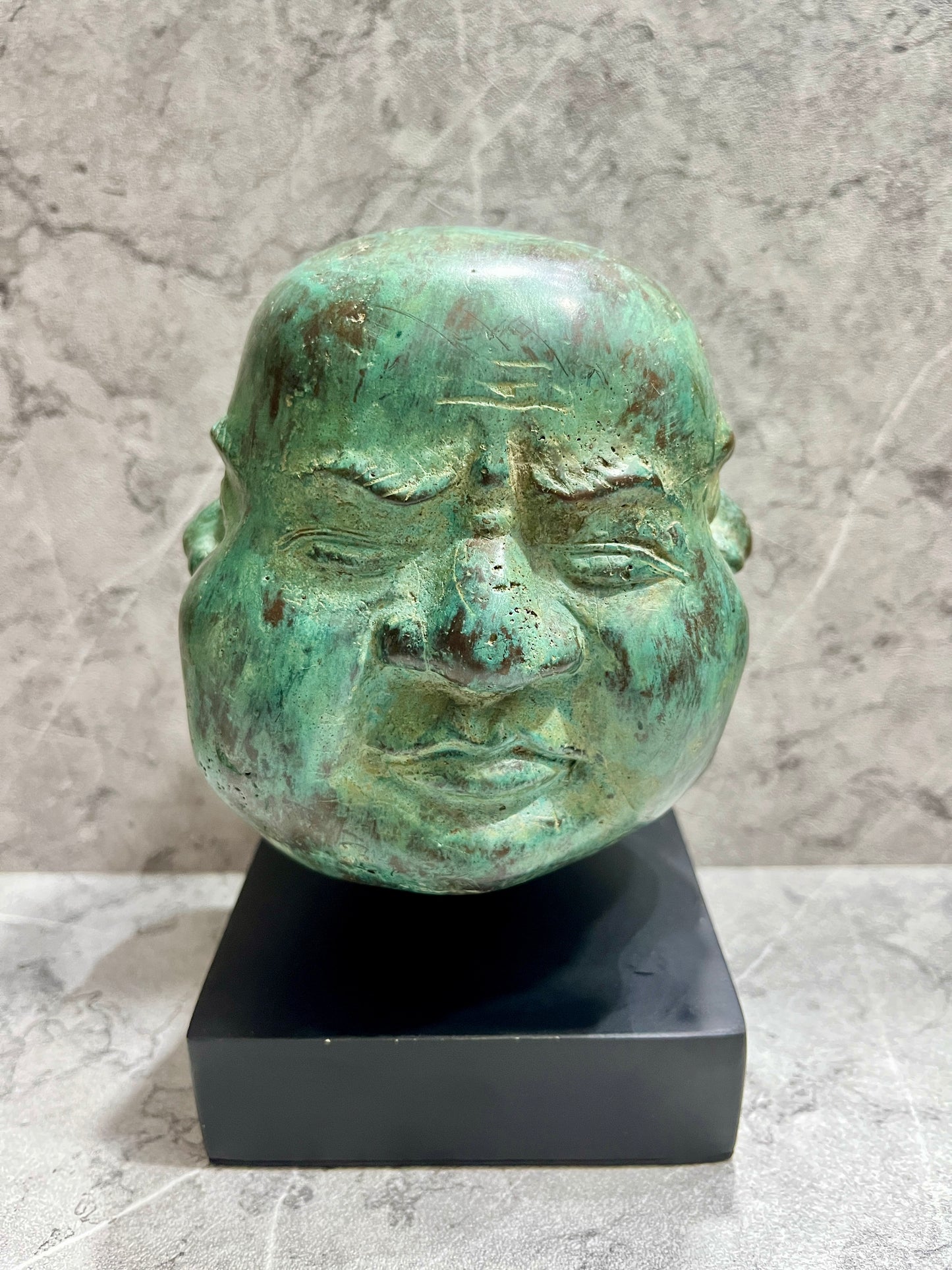 Handcrafted Bronze Monk Heads Sculpture: Balinese Spiritual Decor on Iron Stand