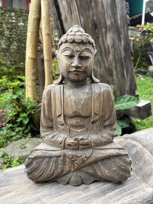 Wooden Buddha Sculpture – Hand-Carved Spiritual Decor by Balinese Artisans (12.2 inches)