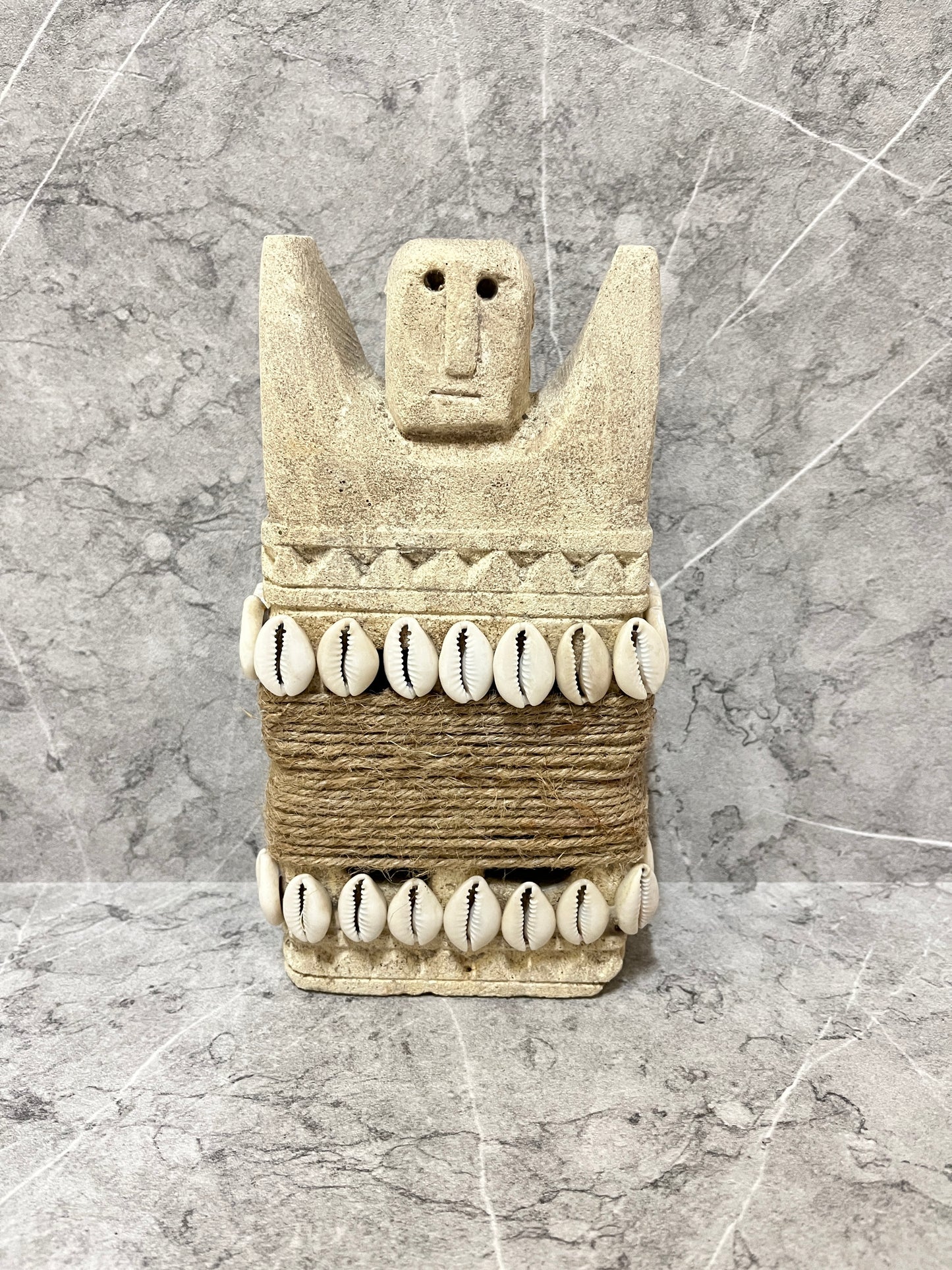 Handcarved Limestone Timor Tribal Statue: Seashell Island Decor