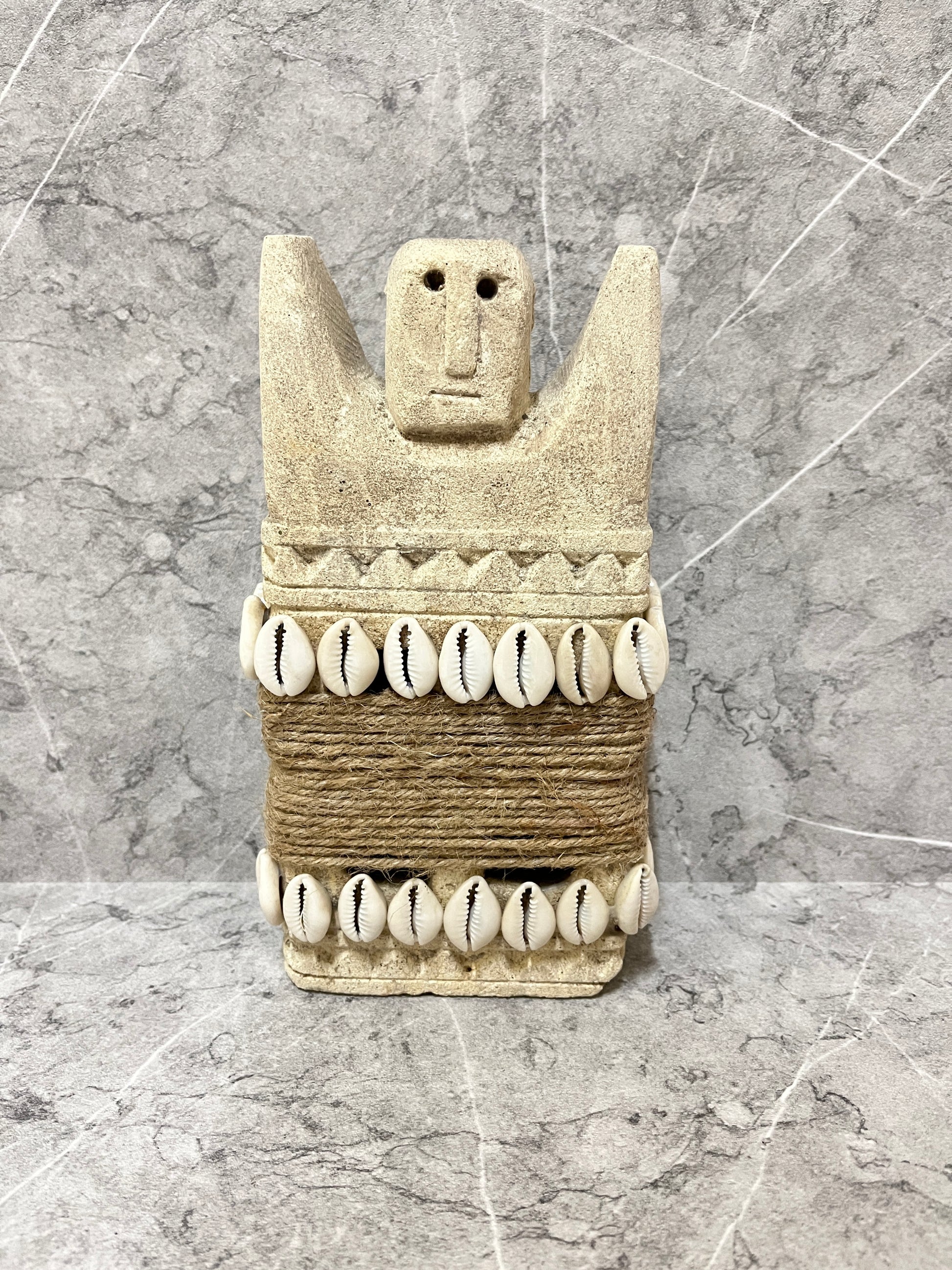 Handcarved Limestone Timor Tribal Statue: Seashell Island Decor