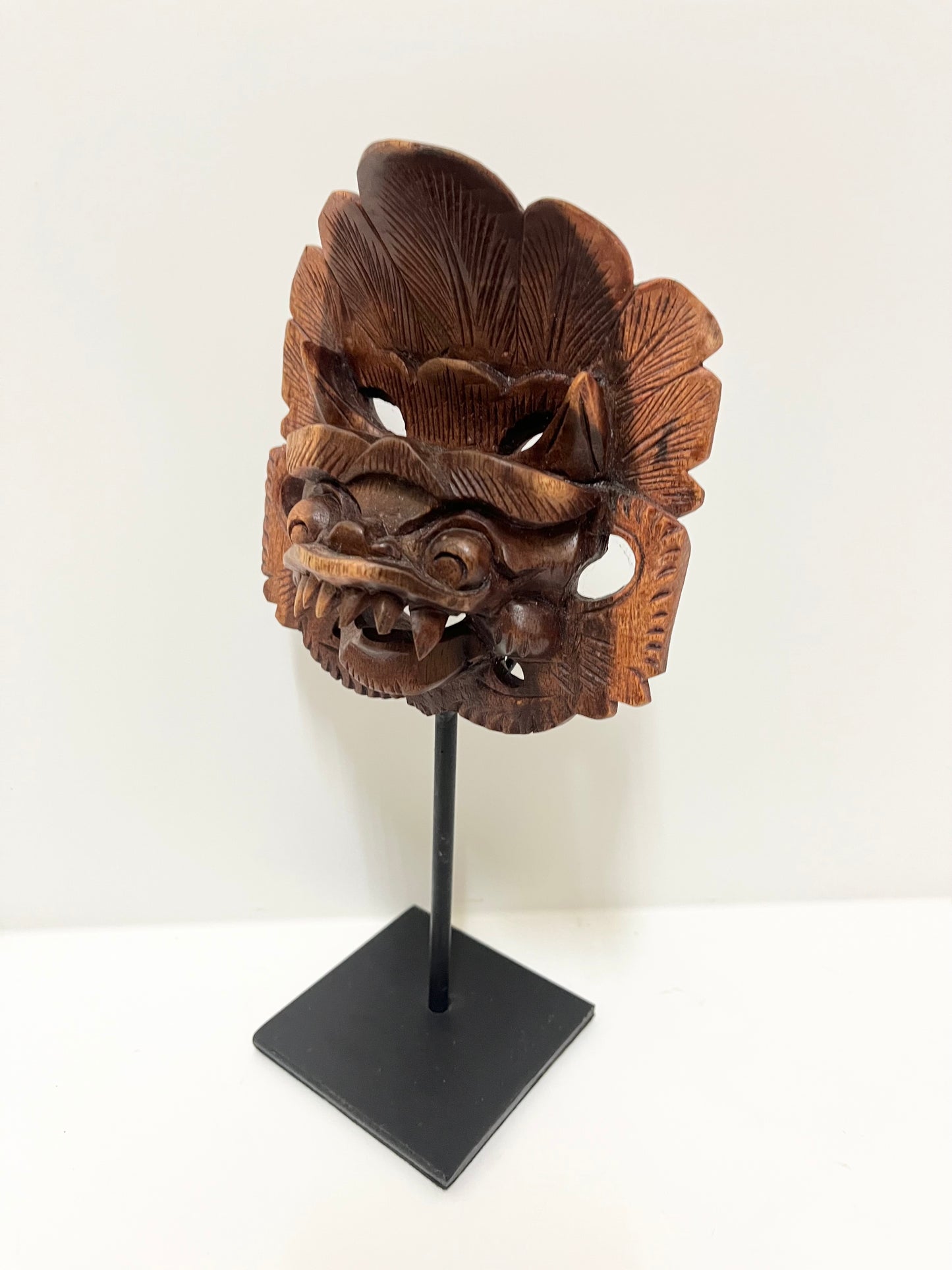 Wooden Barong Mask with Iron Stand – Handcrafted Balinese Guardian Decor (8.7 inches)