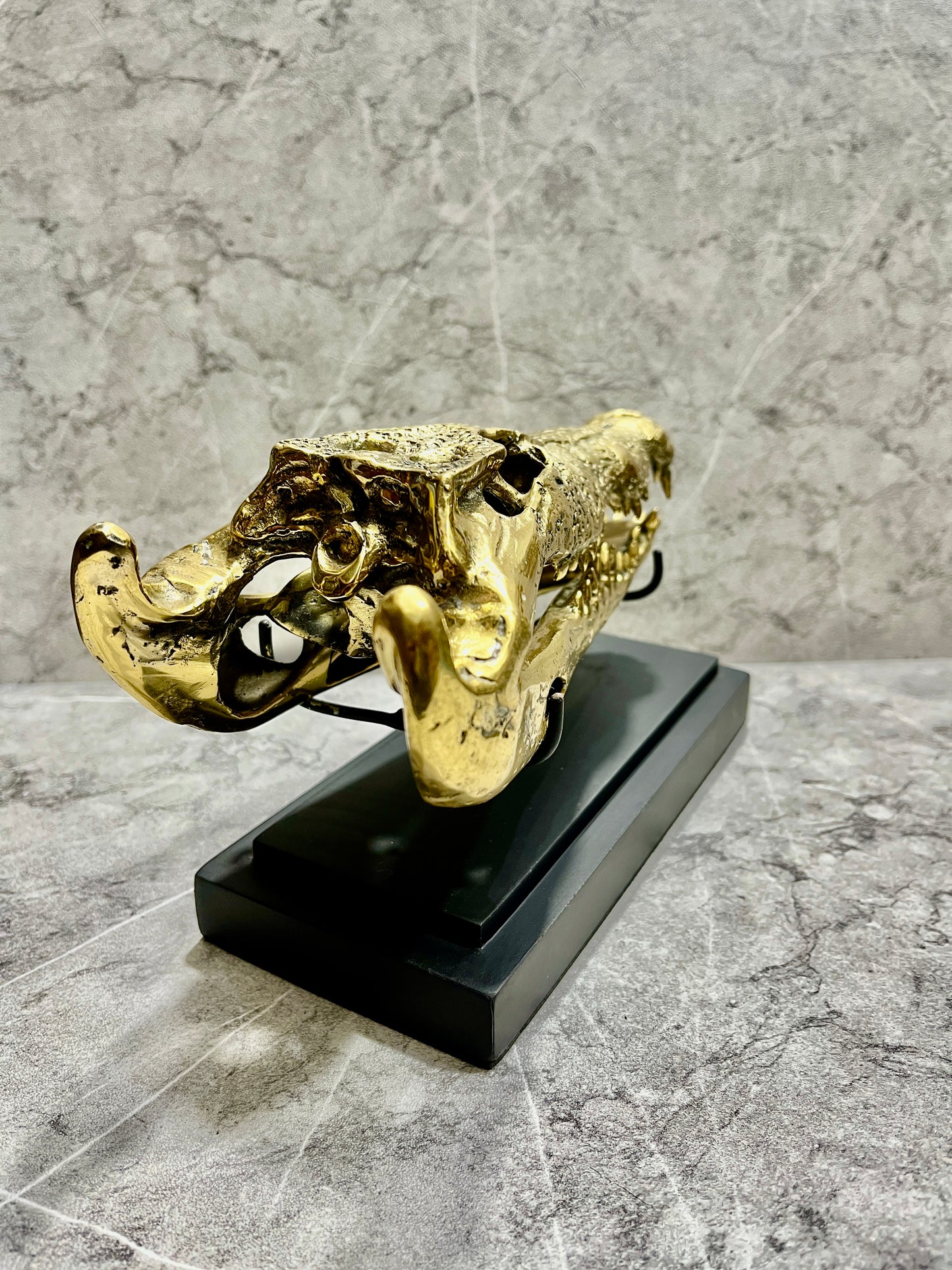 Golden Bronze Crocodile Skull Sculpture on Iron Stand - Balinese Tribal Decor