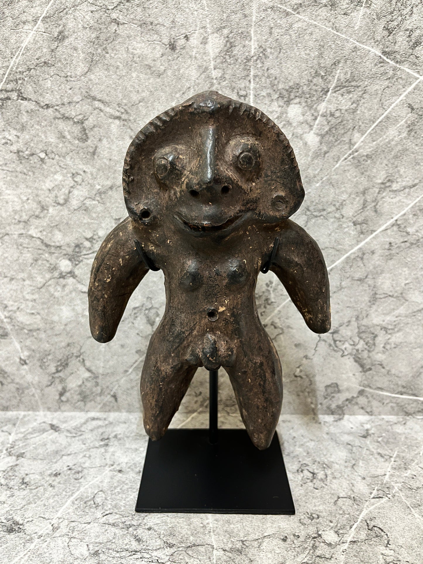 Timor Clay Man Sculpture on Iron Stand: Ethnic Tribal Art