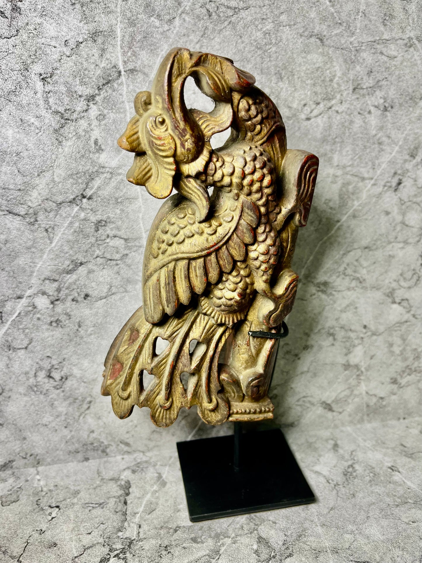 Wooden Bird Carving on Iron Stand – Balinese Handcrafted Decor