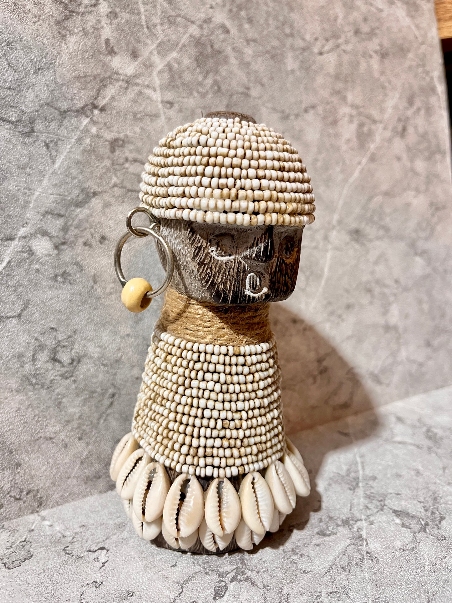 Wooden Sumba Statue – Beaded Tribal Figure with Seashells | Handcrafted Island Art Decoration