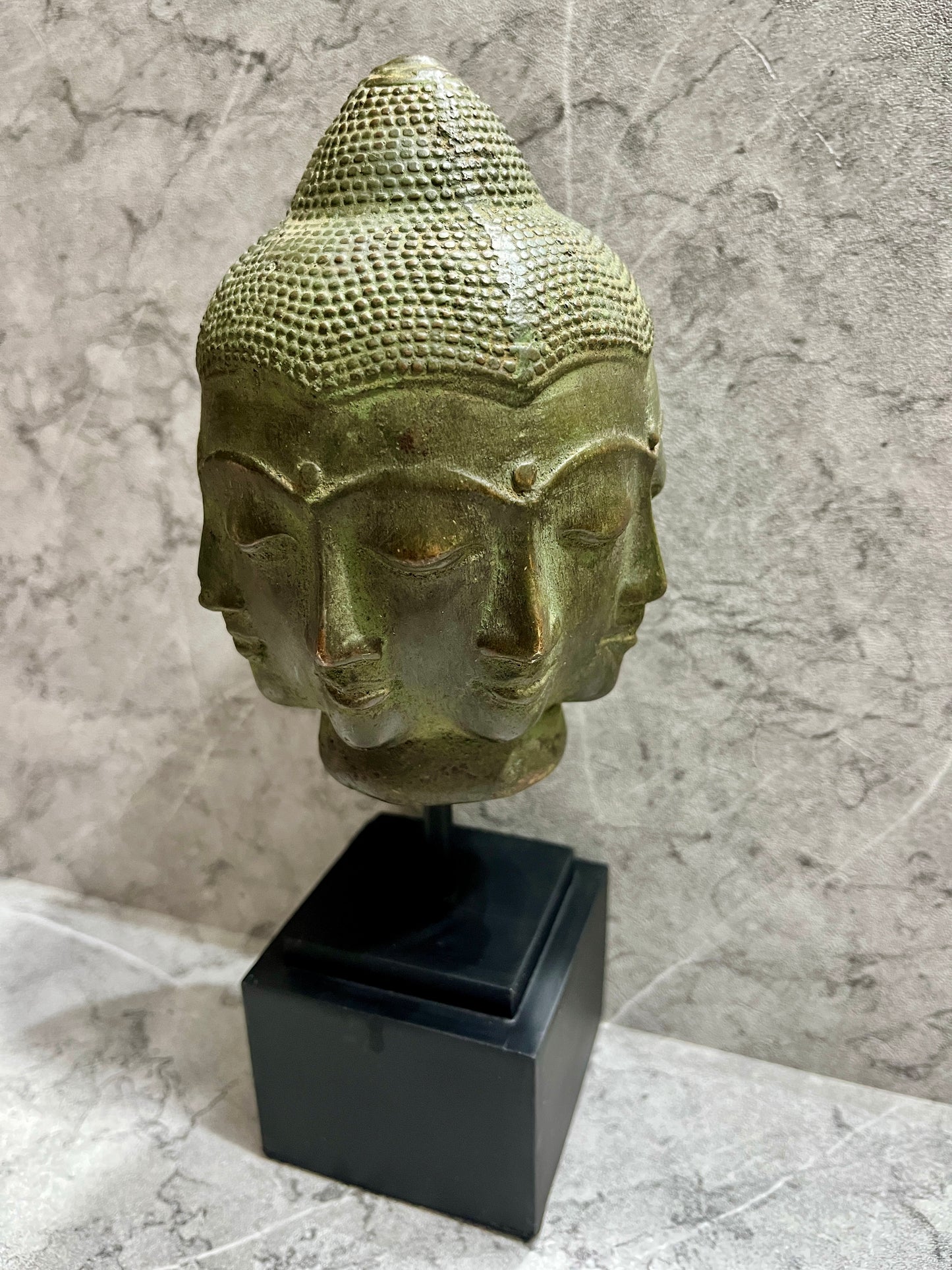 Handcrafted Bronze Buddha Head Sculpture: Balinese Patina Home Decor