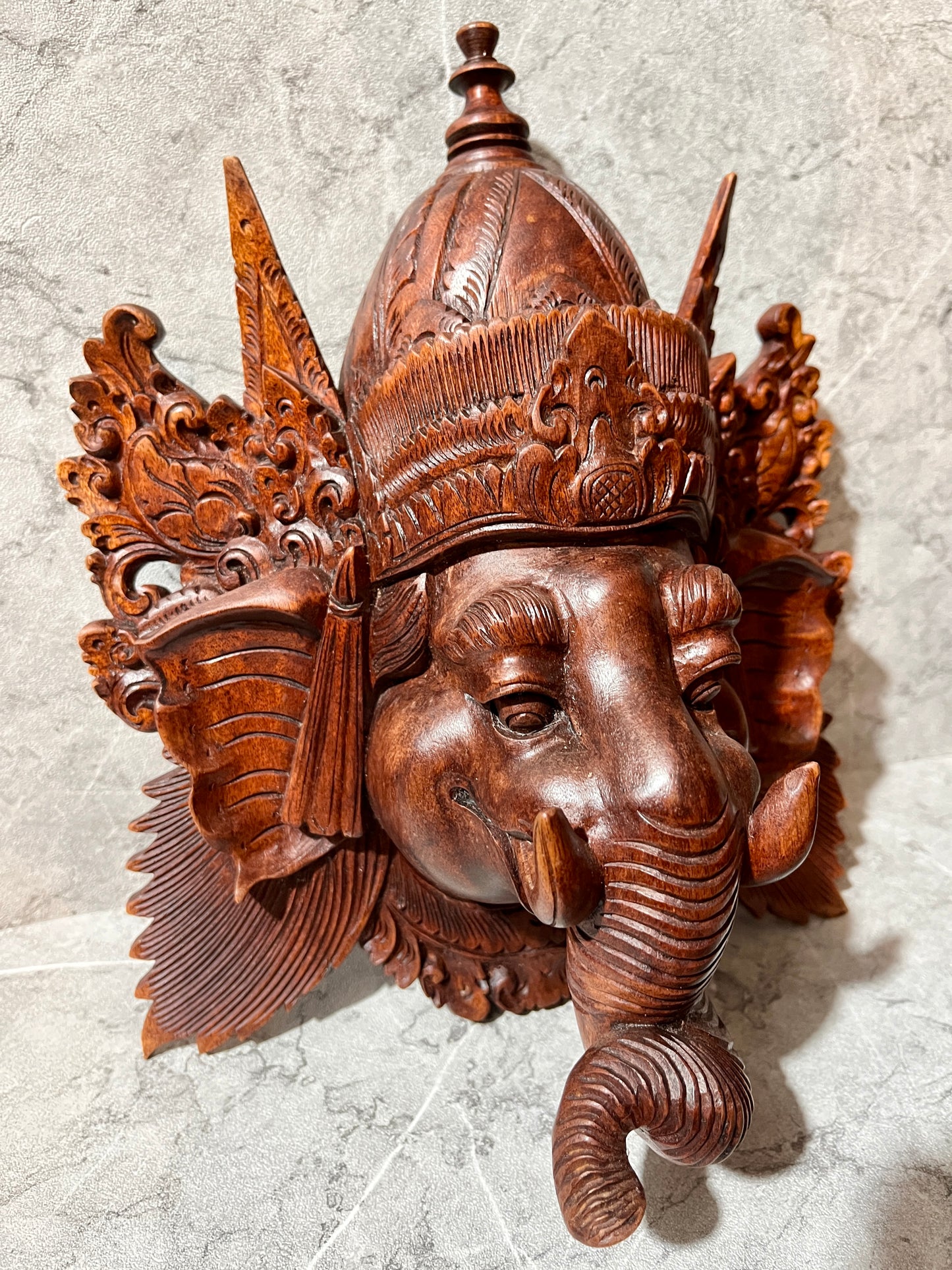 Wooden Balinese Ganesha Mask – Hand-Carved Hindu God Wall Sculpture | Spiritual Elephant-Headed Deity Home Decor