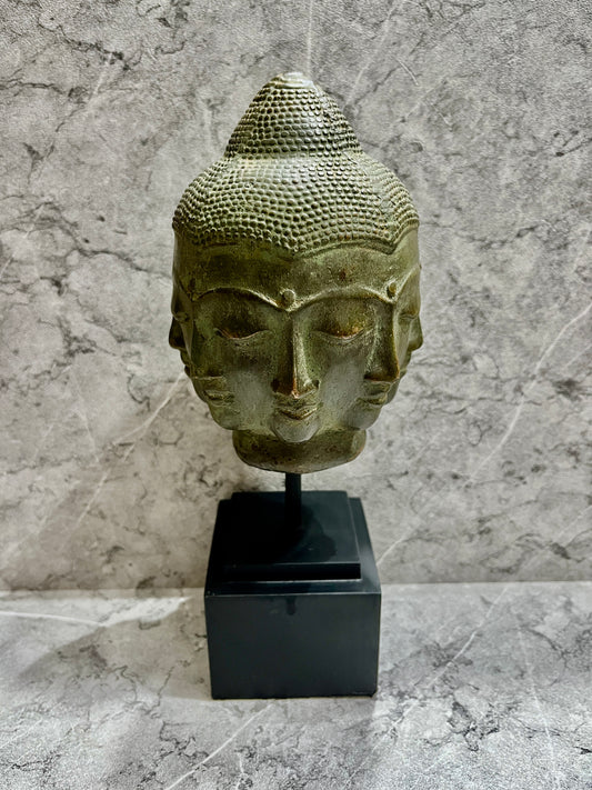Handcrafted Bronze Buddha Head Sculpture: Balinese Patina Home Decor