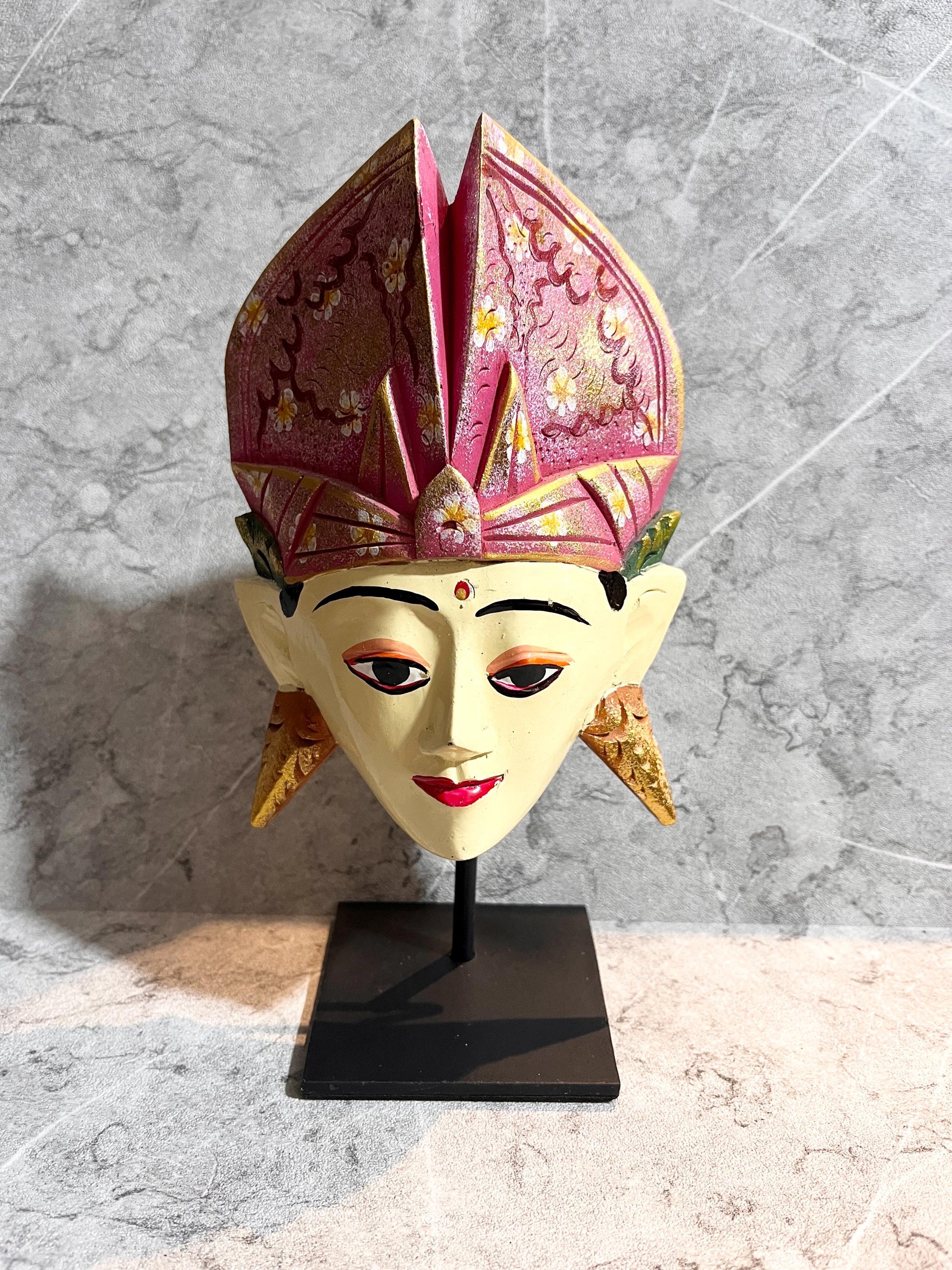 Wooden Balinese Man Mask Sculpture on Iron Stand – Handcrafted Cultural Decoration, housewarming, home decor, gift, handmade.