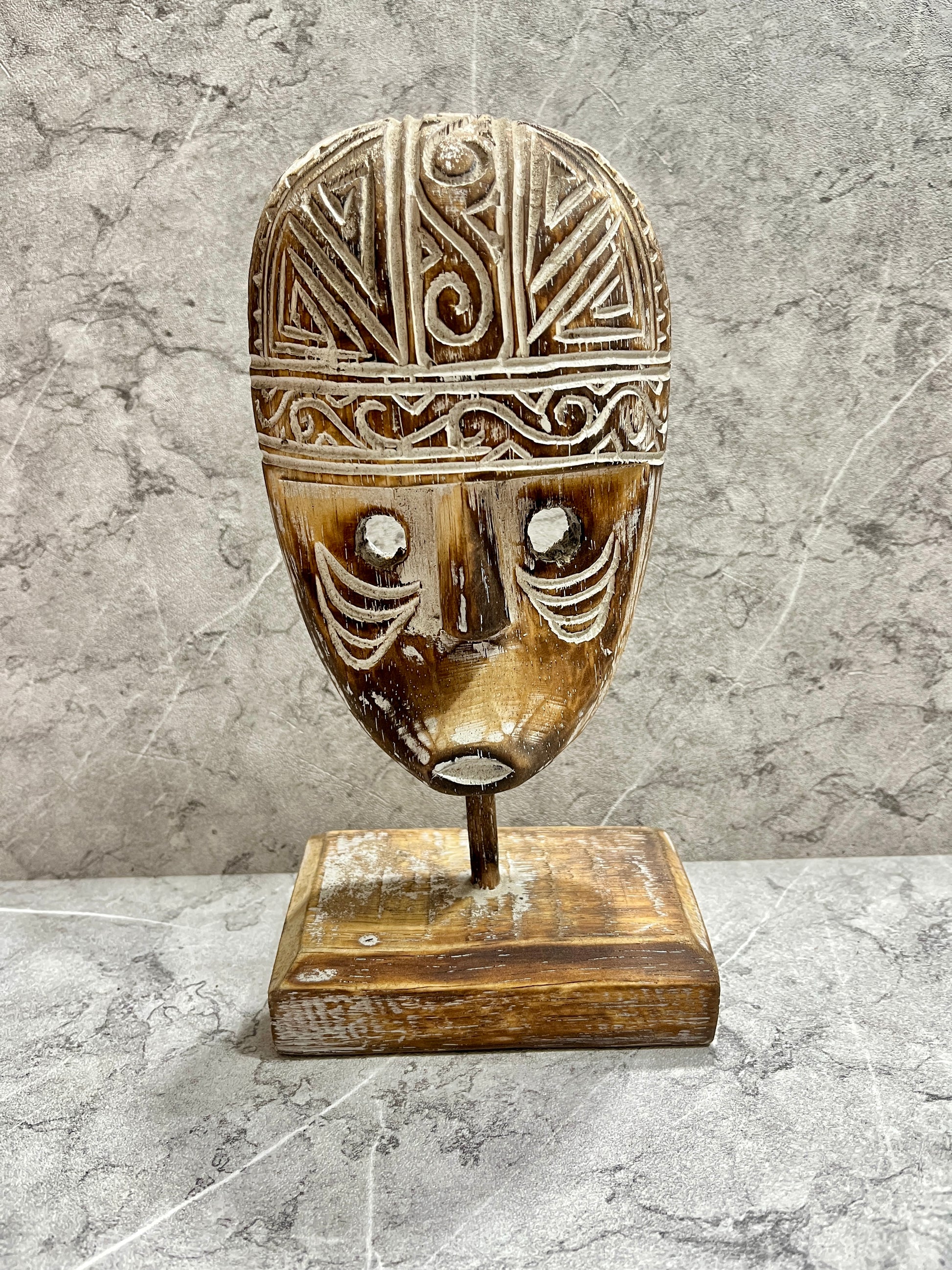 Hand-Carved Timor Mask Sculpture with Stand: Tribal Art Décor