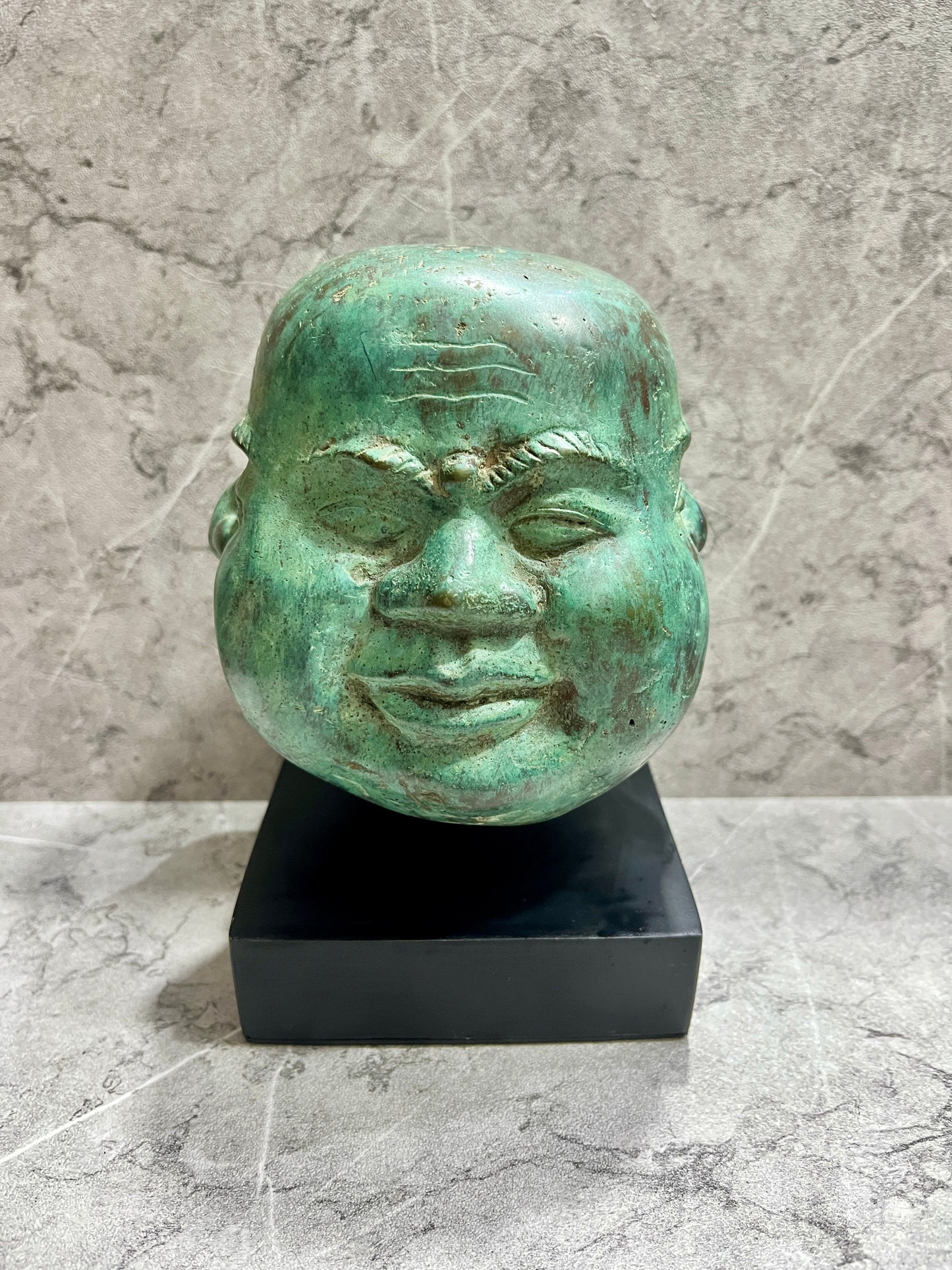 Handcrafted Bronze Monk Heads Sculpture: Balinese Spiritual Decor on Iron Stand