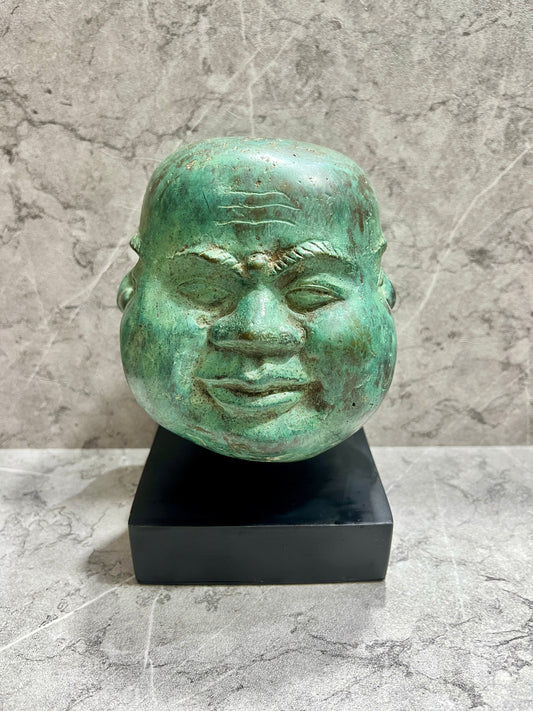 Handcrafted Bronze Monk Heads Sculpture: Balinese Spiritual Decor on Iron Stand