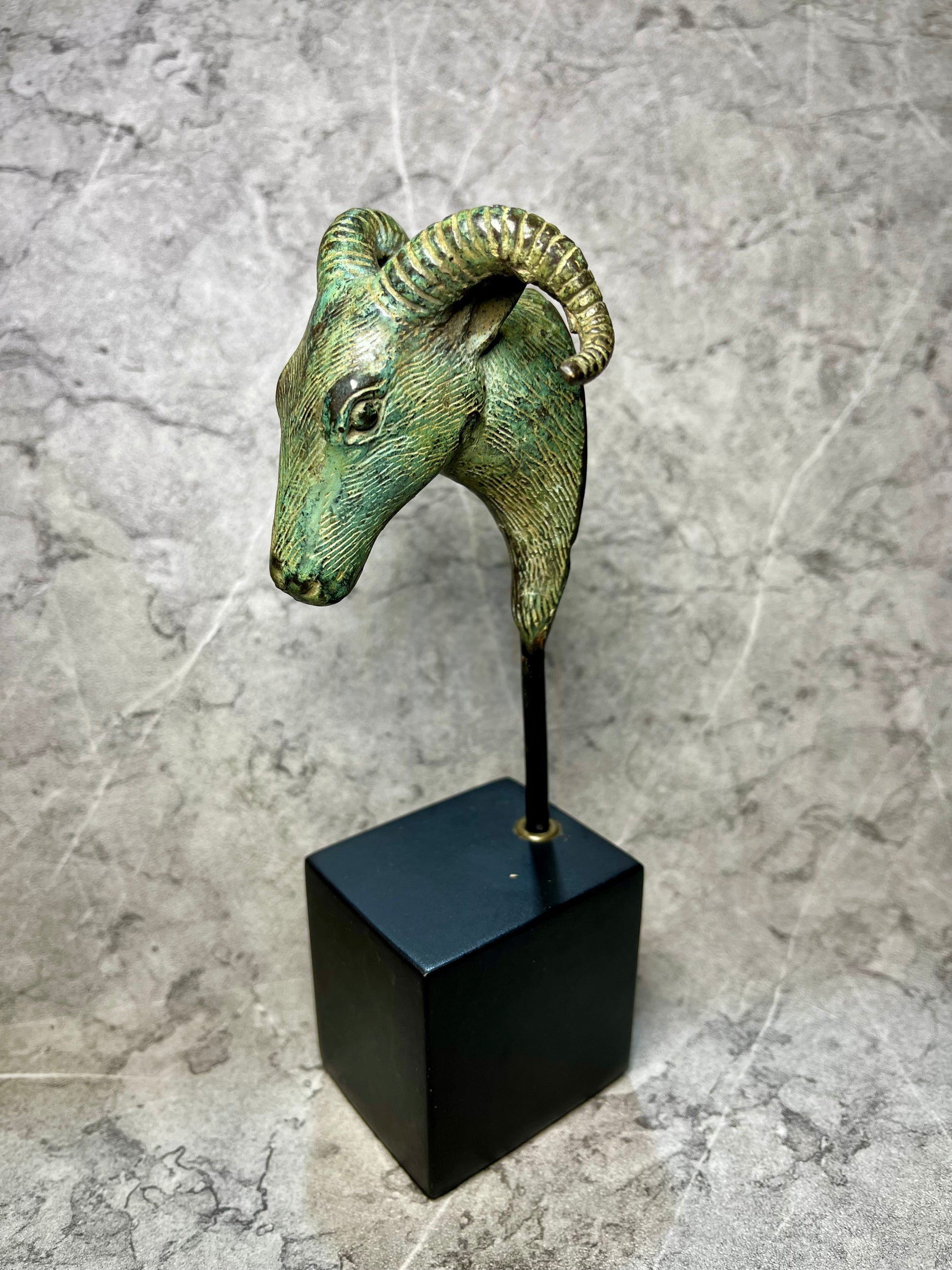 Bronze Goat Head Sculpture on Iron Stand - Balinese Artisan Decor