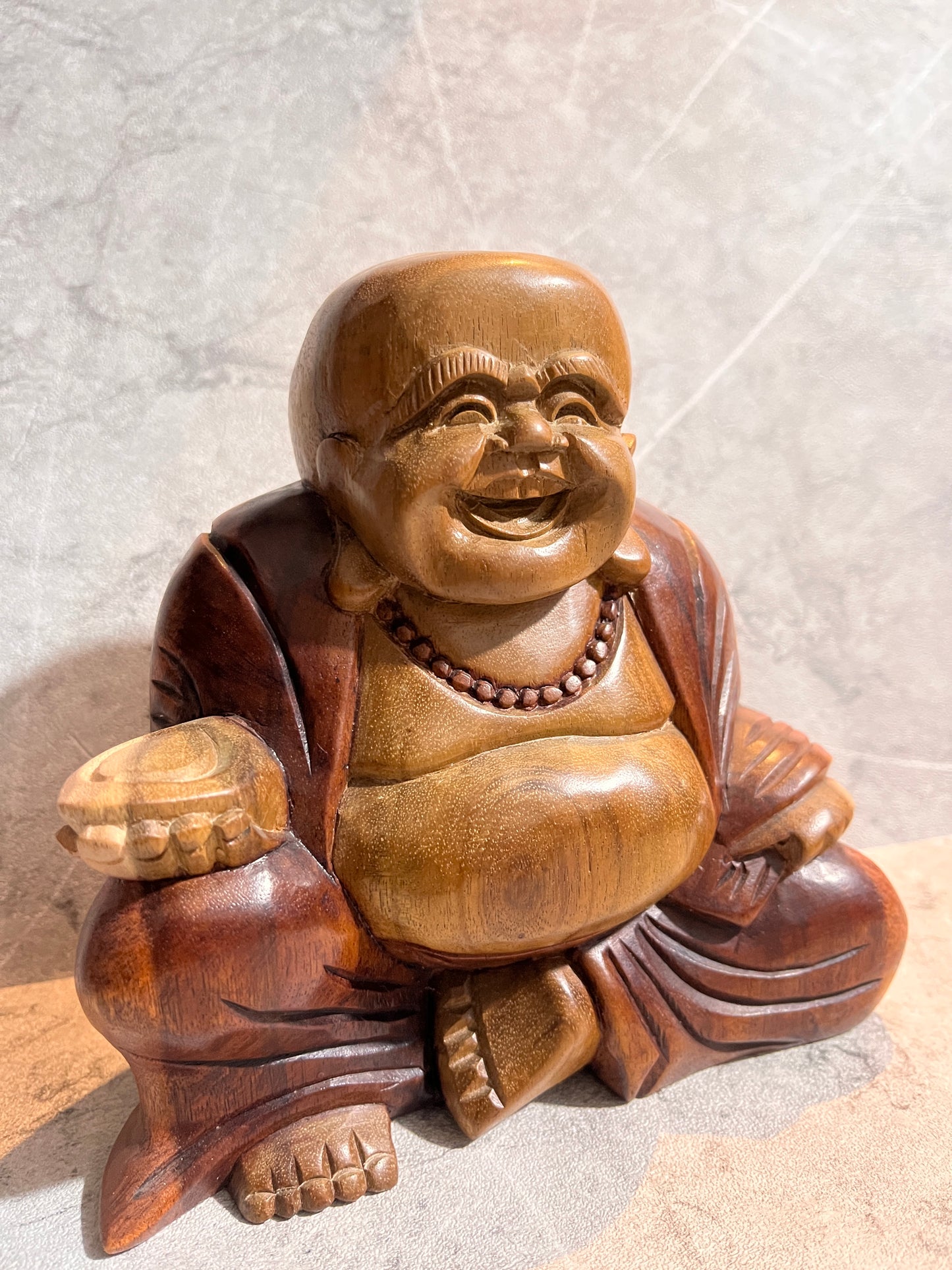 Wooden Happy Buddha Monk Sculpture – Hand-Carved Statue, handmade, gift, housewarming, home decor.