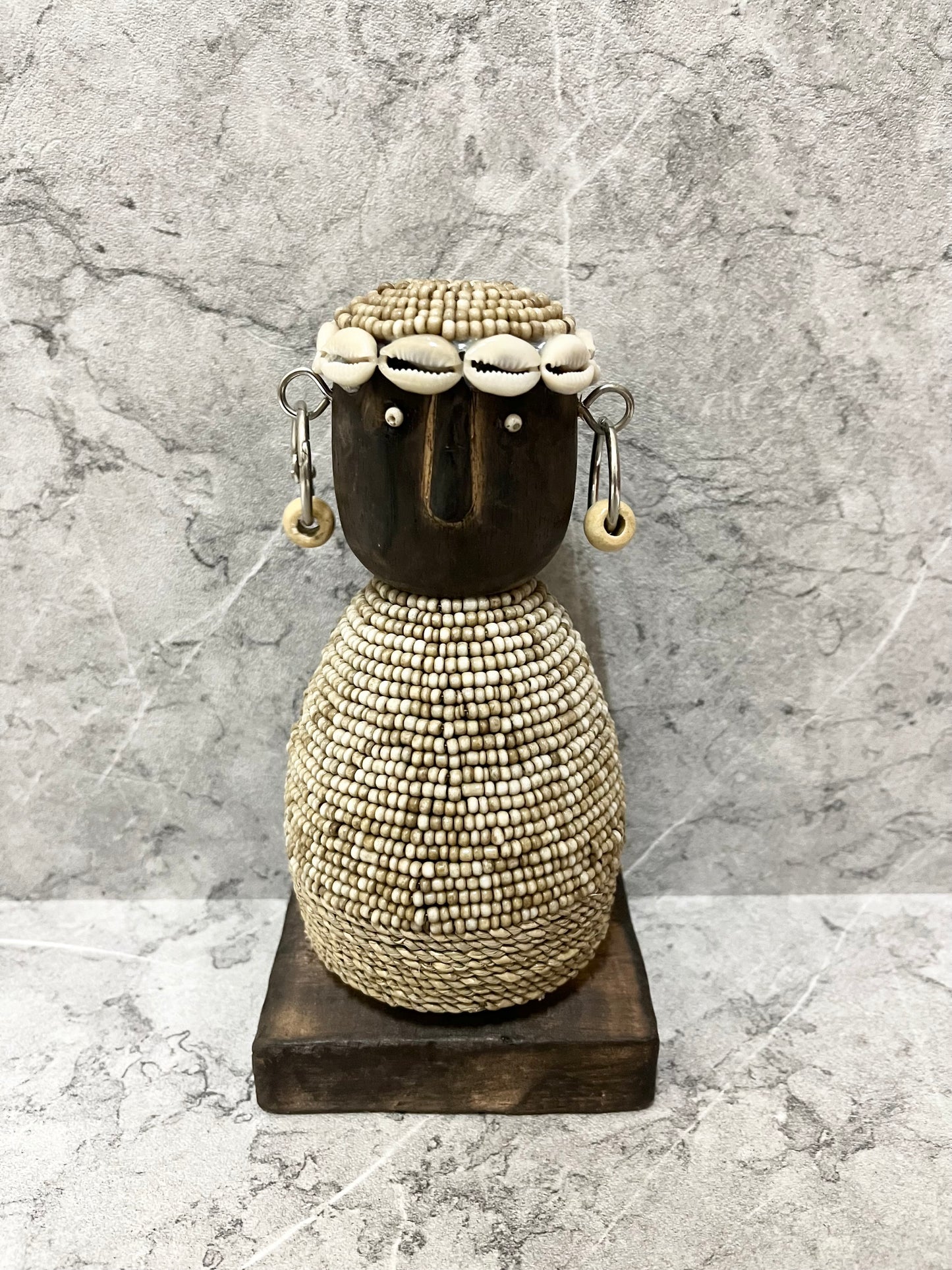 Wooden Timor Tribal Wood Figure with Sea Shell Beads