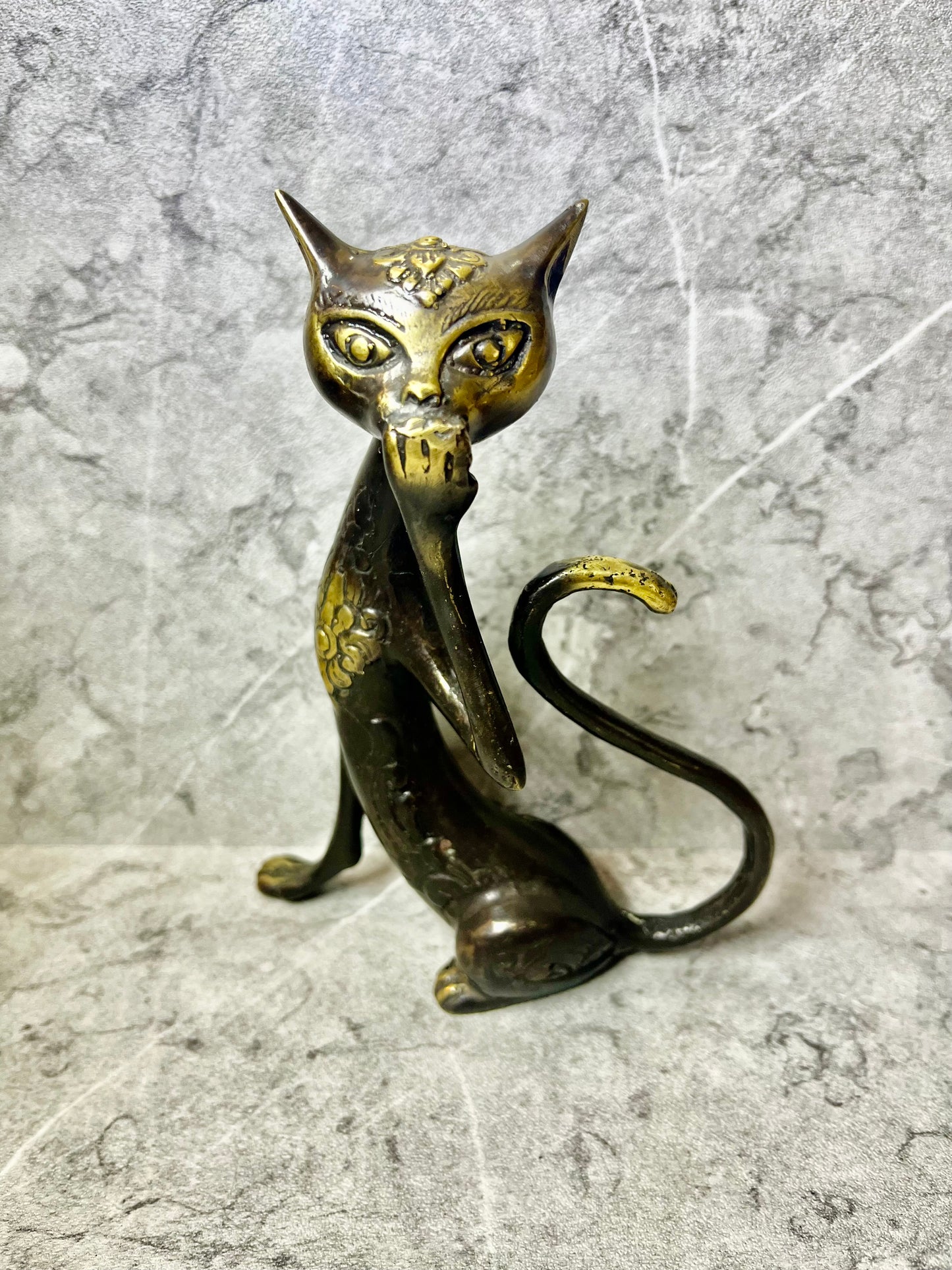Bronze Cat Sculpture: Abstract Vintage Feline Art, Balinese Handmade