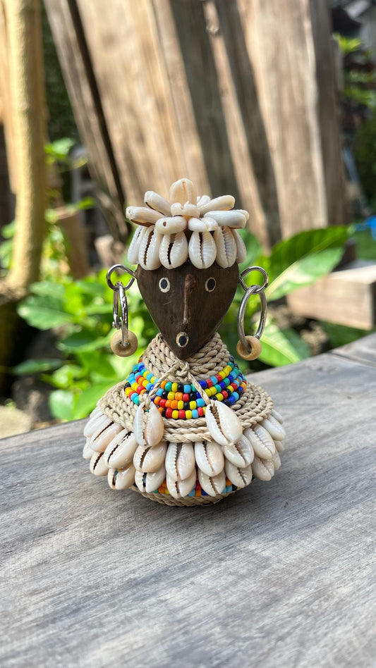 Handmade Shell & Bead Tribal Figurine: Cultural Decor
