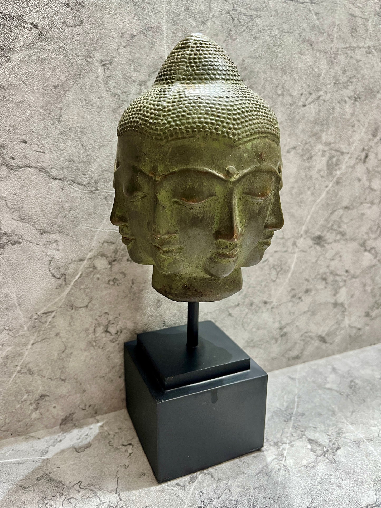 Handcrafted Bronze Buddha Head Sculpture: Balinese Patina Home Decor