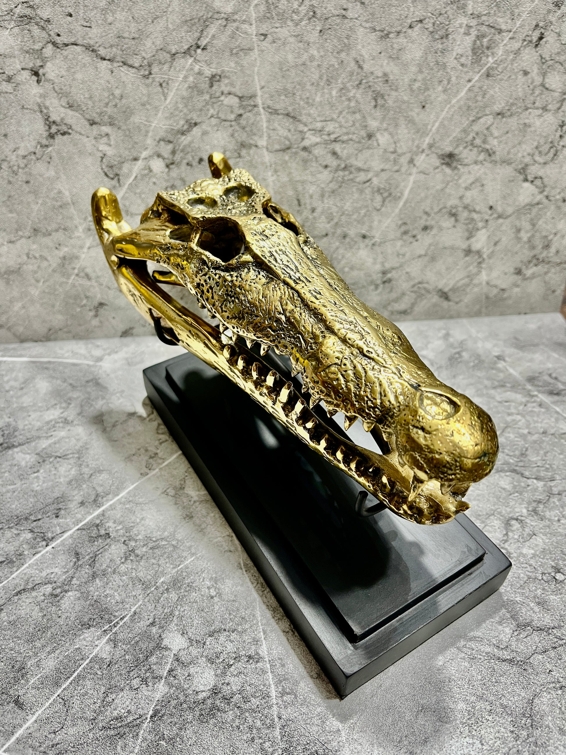 Golden Bronze Crocodile Skull Sculpture on Iron Stand - Balinese Tribal Decor