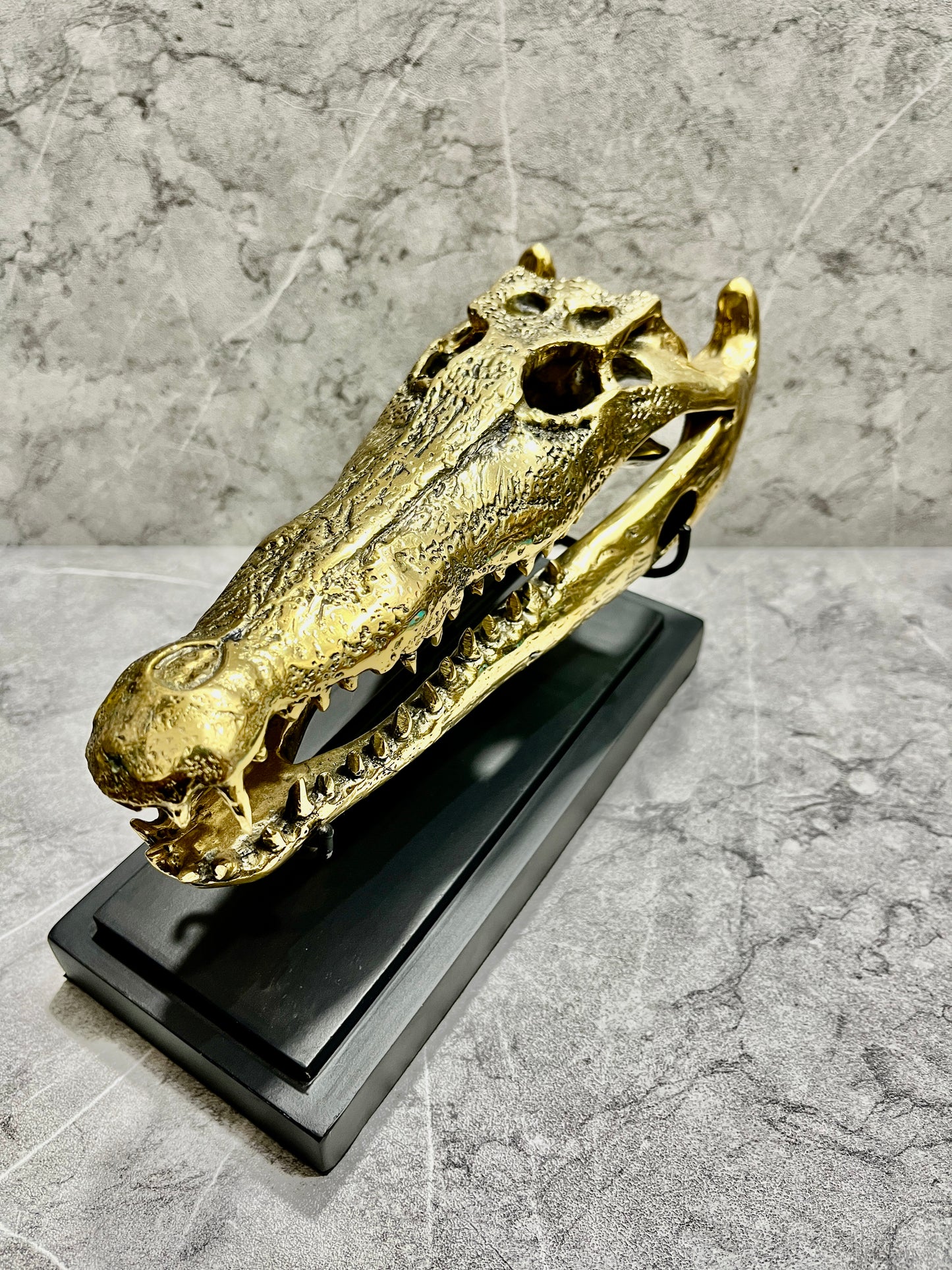 Golden Bronze Crocodile Skull Sculpture on Iron Stand - Balinese Tribal Decor
