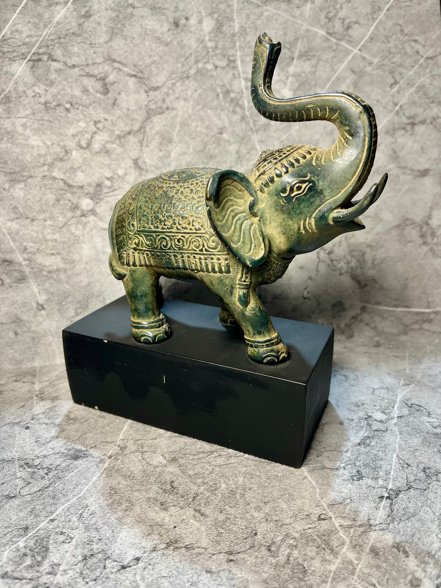 Bronze Vintage Elephant Figure – Regal Safari Charm on Wooden Stand