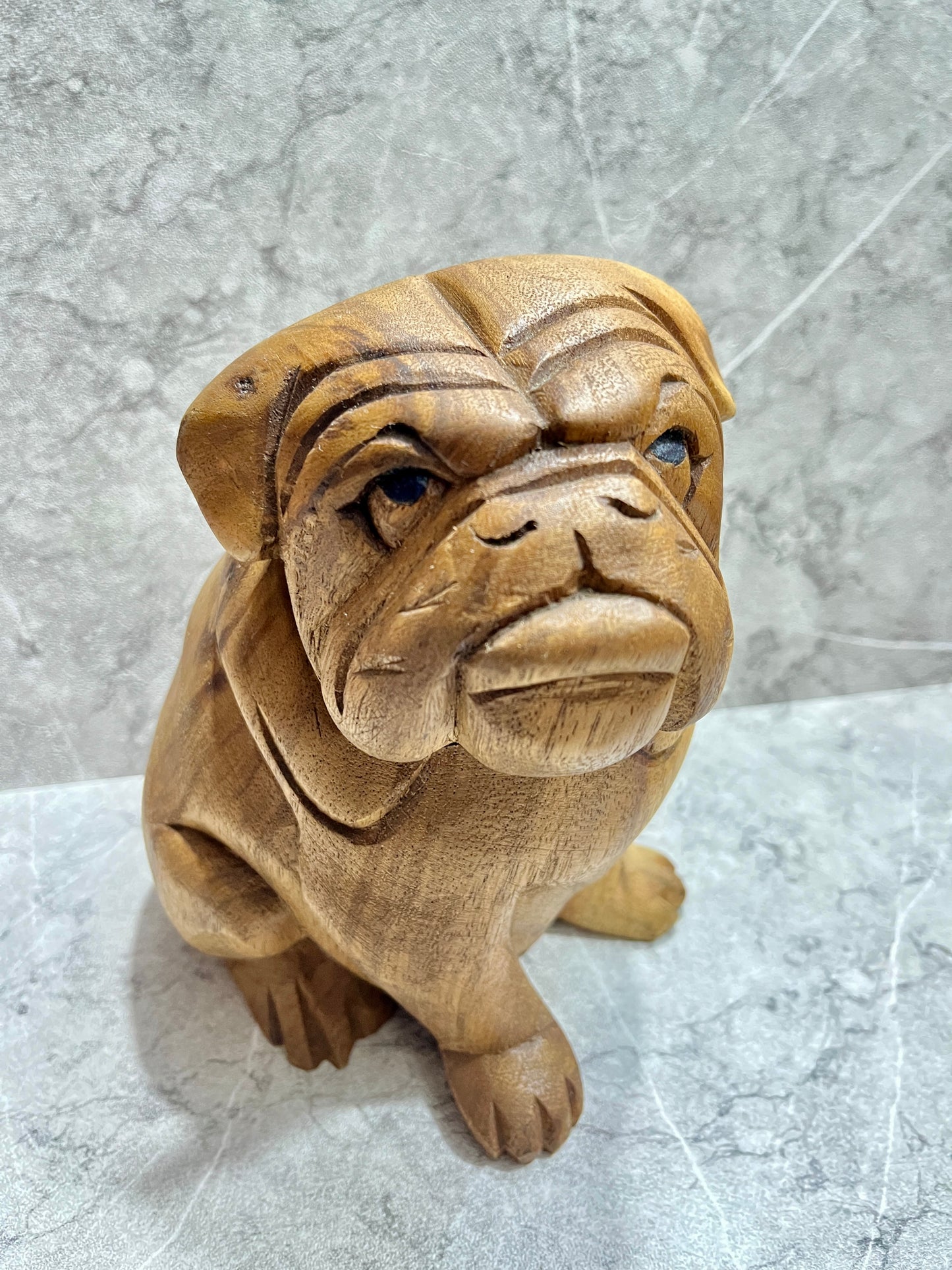 Hand-Carved Wooden Pitbull Sculpture: Rustic Canine Art Decor