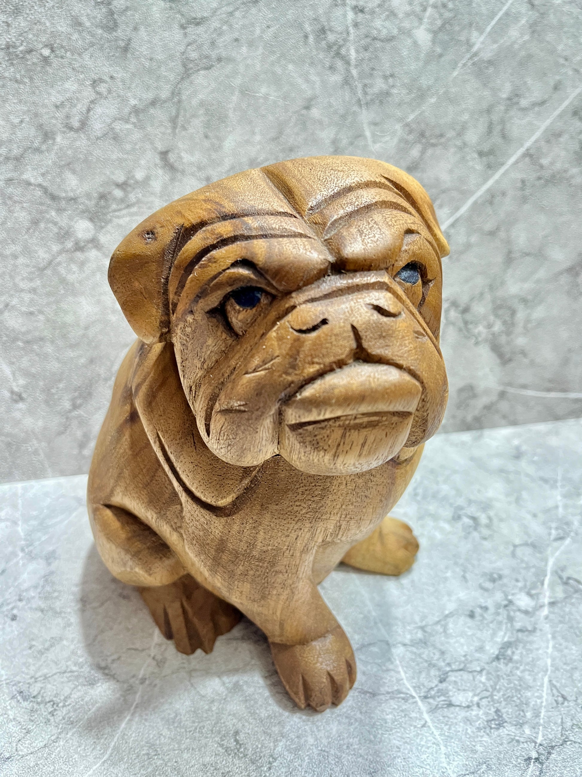 Hand-Carved Wooden Pitbull Sculpture: Rustic Canine Art Decor
